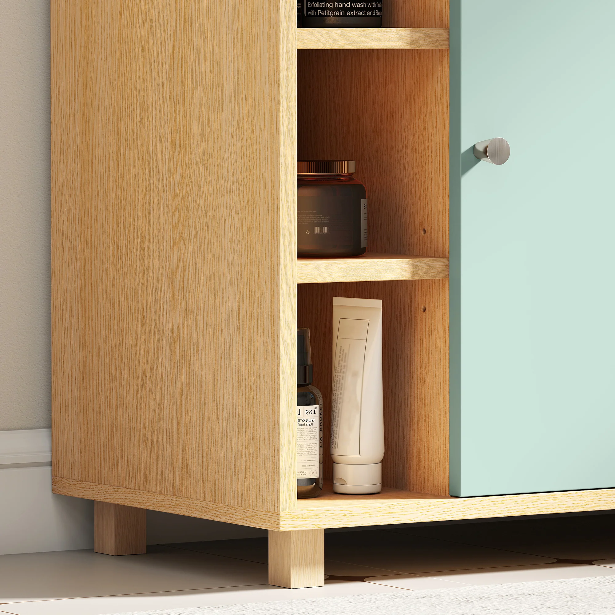 Meuble sous lavabo, meuble de salle de bain sous vasque avec 6 étagères ouvertes et porte à fermeture amortie pour lavabo avec ou sans piédestal, 60 x 33 x 57 cm, vert - Image 10