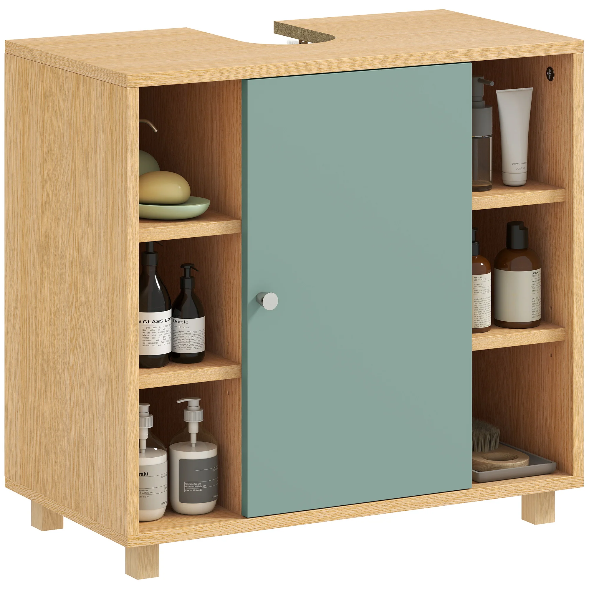 Meuble sous lavabo, meuble de salle de bain sous vasque avec 6 étagères ouvertes et porte à fermeture amortie pour lavabo avec ou sans piédestal, 60 x 33 x 57 cm, vert - Image 11