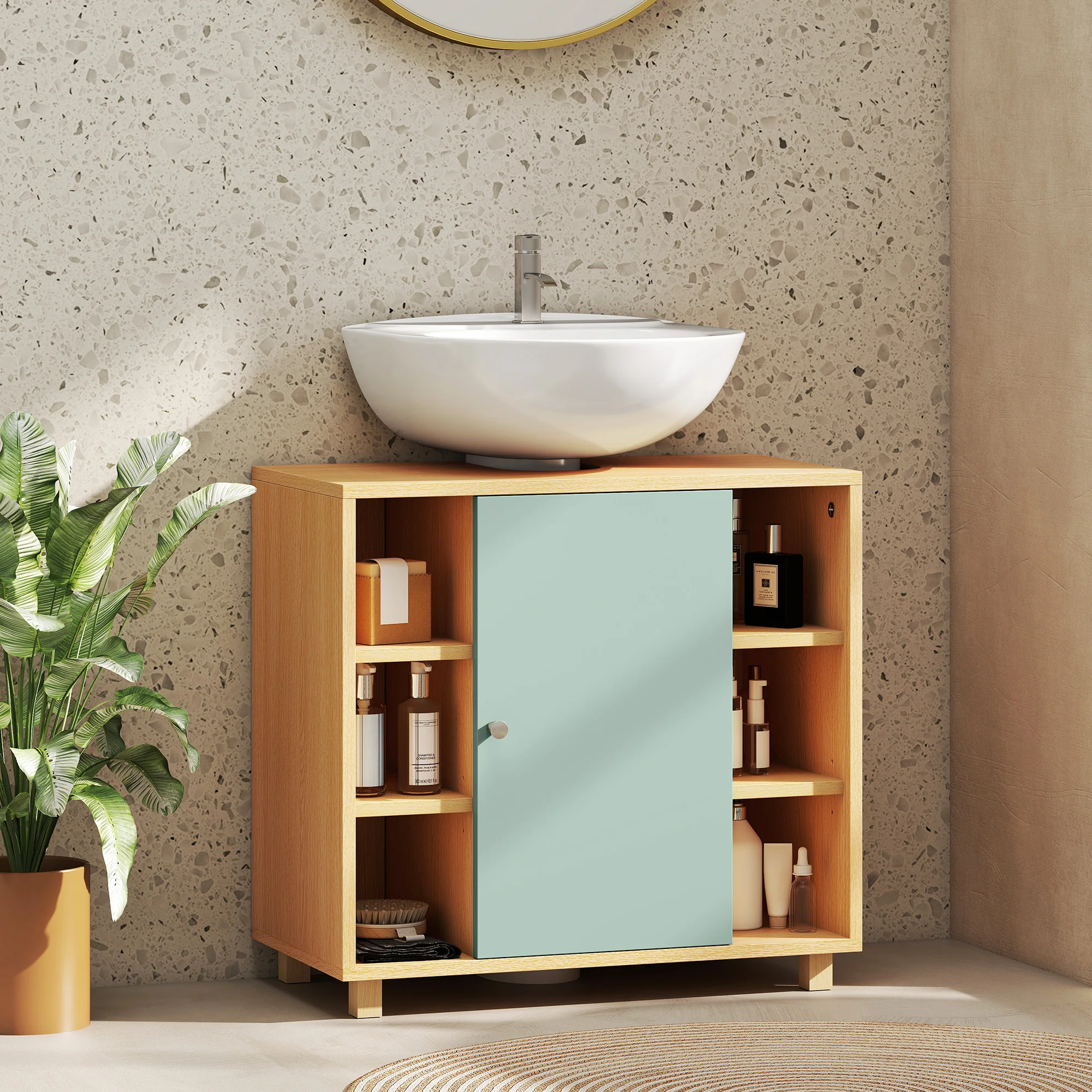 Meuble sous lavabo, meuble de salle de bain sous vasque avec 6 étagères ouvertes et porte à fermeture amortie pour lavabo avec ou sans piédestal, 60 x 33 x 57 cm, vert - Image 3