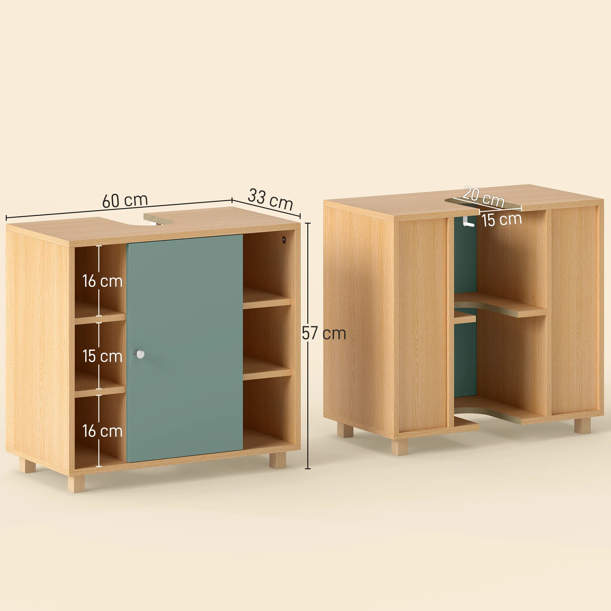 Meuble sous lavabo, meuble de salle de bain sous vasque avec 6 étagères ouvertes et porte à fermeture amortie pour lavabo avec ou sans piédestal, 60 x 33 x 57 cm, vert - Image 4