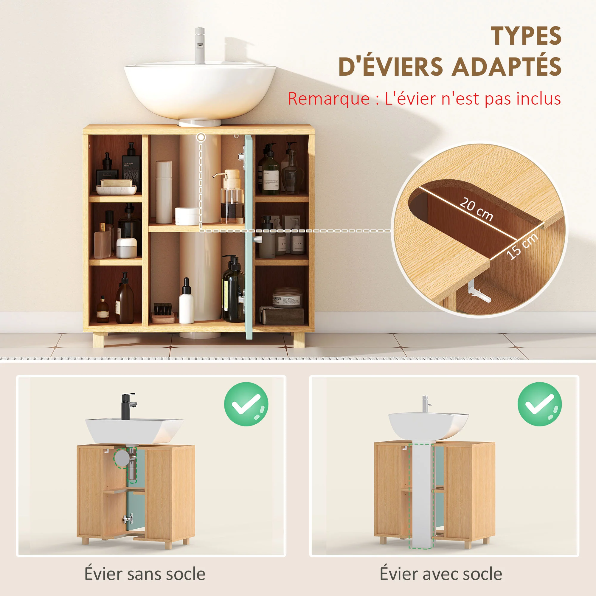 Meuble sous lavabo, meuble de salle de bain sous vasque avec 6 étagères ouvertes et porte à fermeture amortie pour lavabo avec ou sans piédestal, 60 x 33 x 57 cm, vert - Image 5