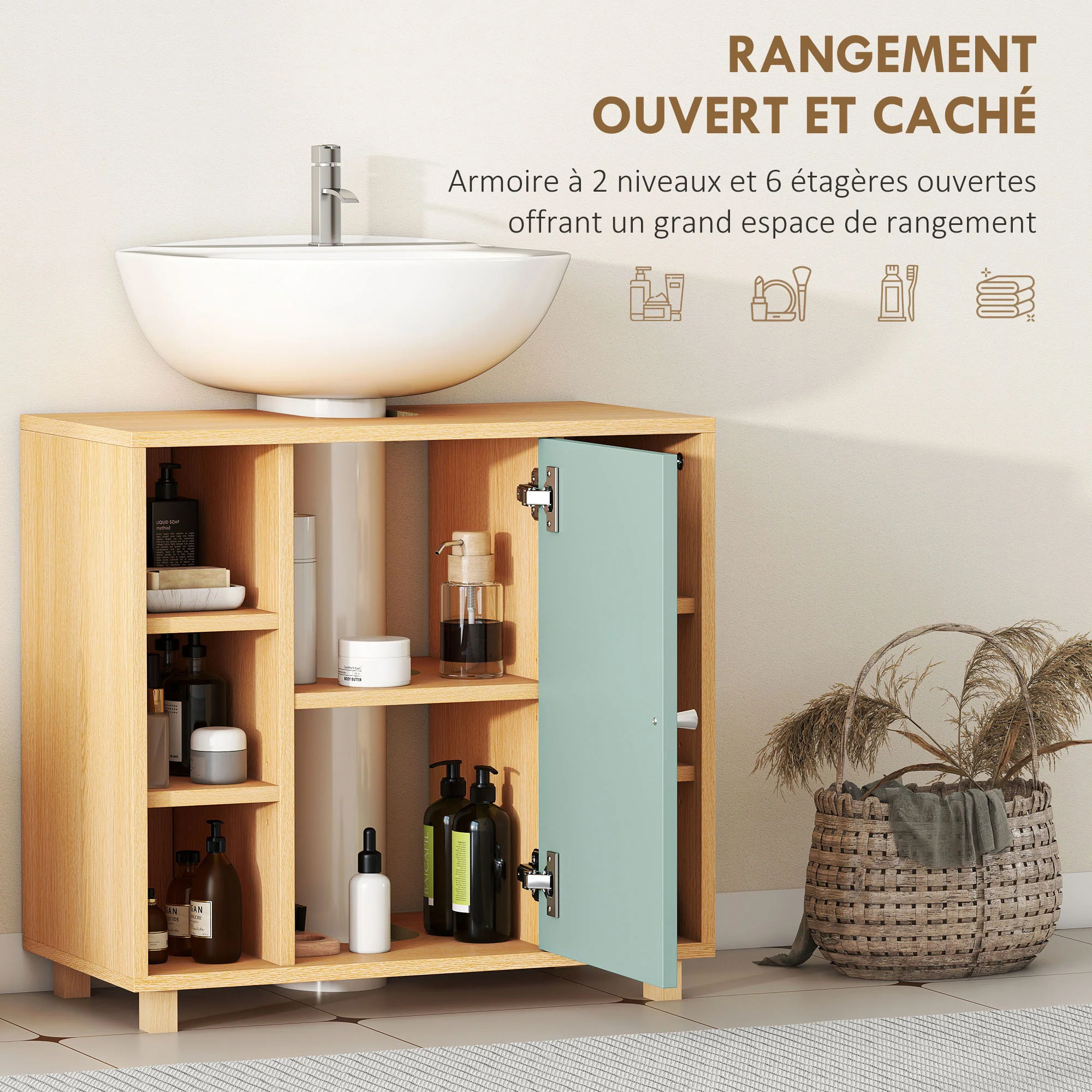 Meuble sous lavabo, meuble de salle de bain sous vasque avec 6 étagères ouvertes et porte à fermeture amortie pour lavabo avec ou sans piédestal, 60 x 33 x 57 cm, vert - Image 6