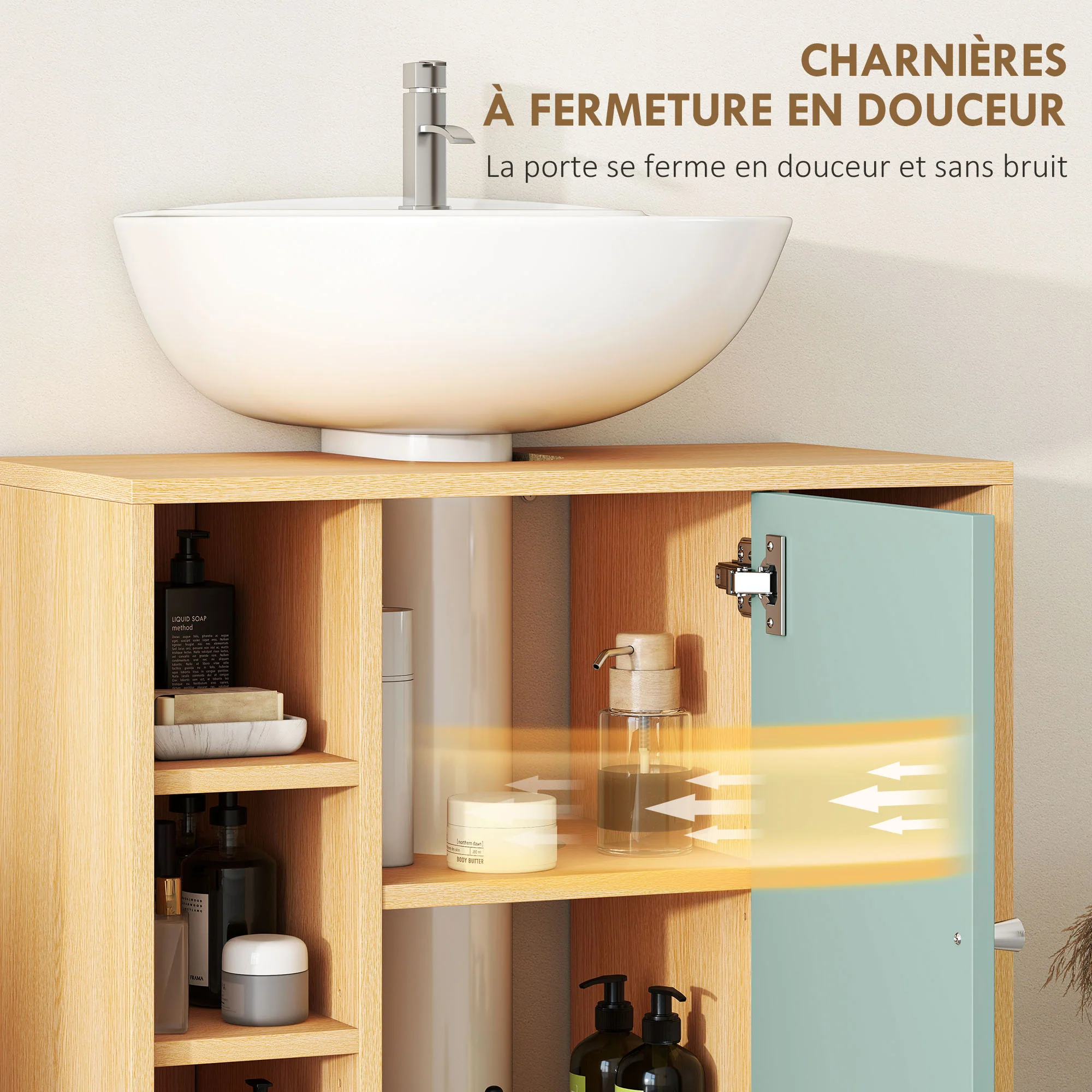 Meuble sous lavabo, meuble de salle de bain sous vasque avec 6 étagères ouvertes et porte à fermeture amortie pour lavabo avec ou sans piédestal, 60 x 33 x 57 cm, vert - Image 7