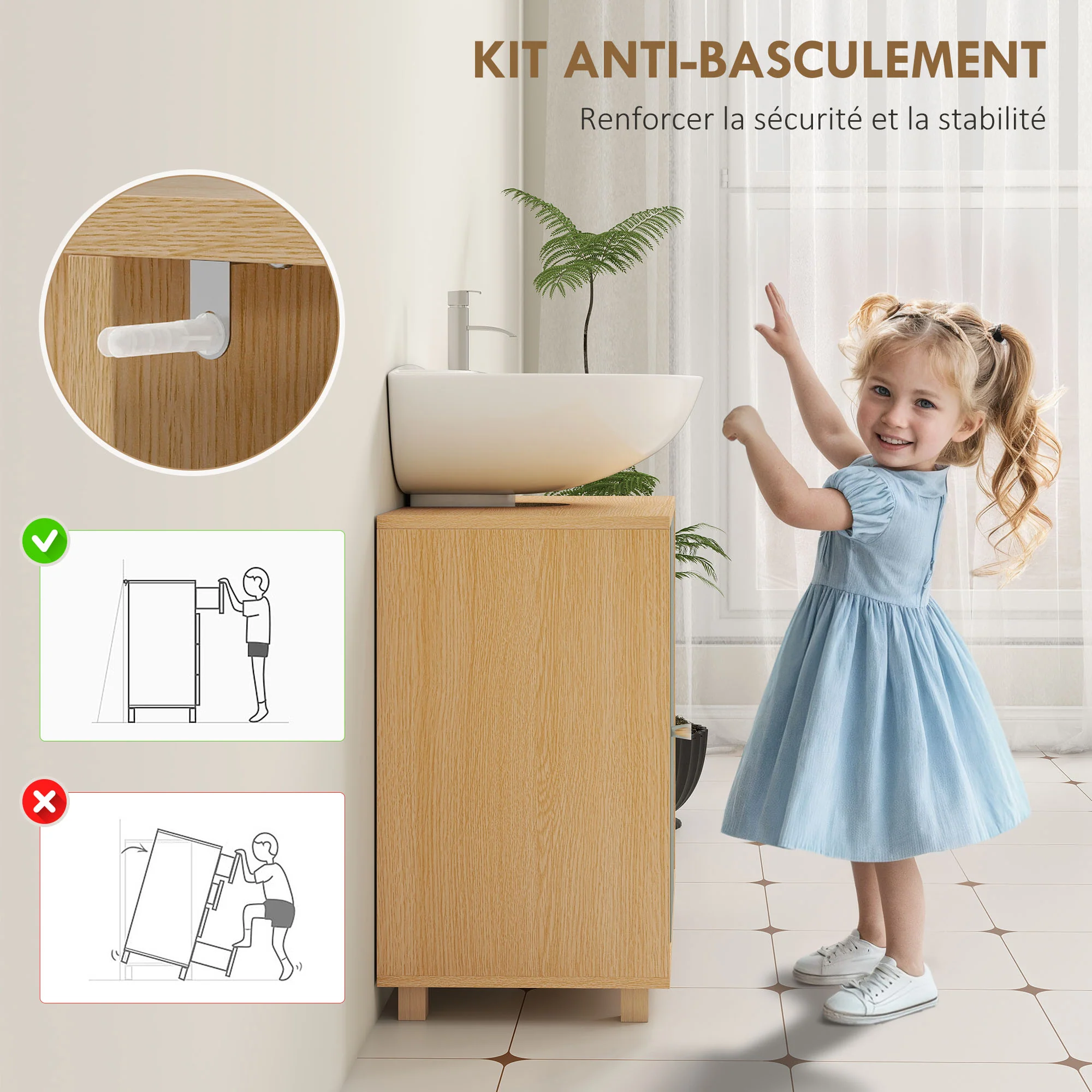 Meuble sous lavabo, meuble de salle de bain sous vasque avec 6 étagères ouvertes et porte à fermeture amortie pour lavabo avec ou sans piédestal, 60 x 33 x 57 cm, vert - Image 8