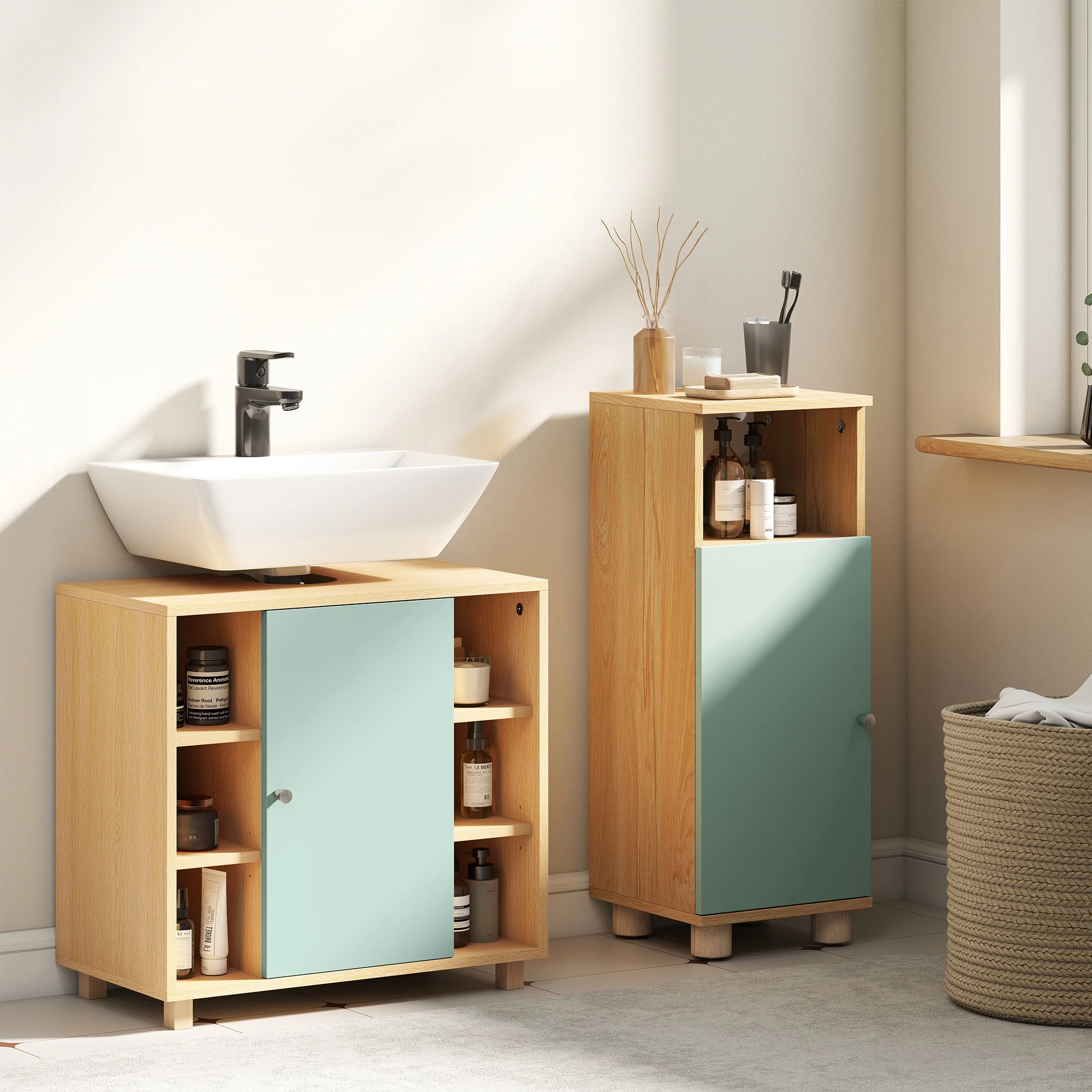 Meuble sous lavabo, meuble de salle de bain sous vasque avec 6 étagères ouvertes et porte à fermeture amortie pour lavabo avec ou sans piédestal, 60 x 33 x 57 cm, vert - Image 9