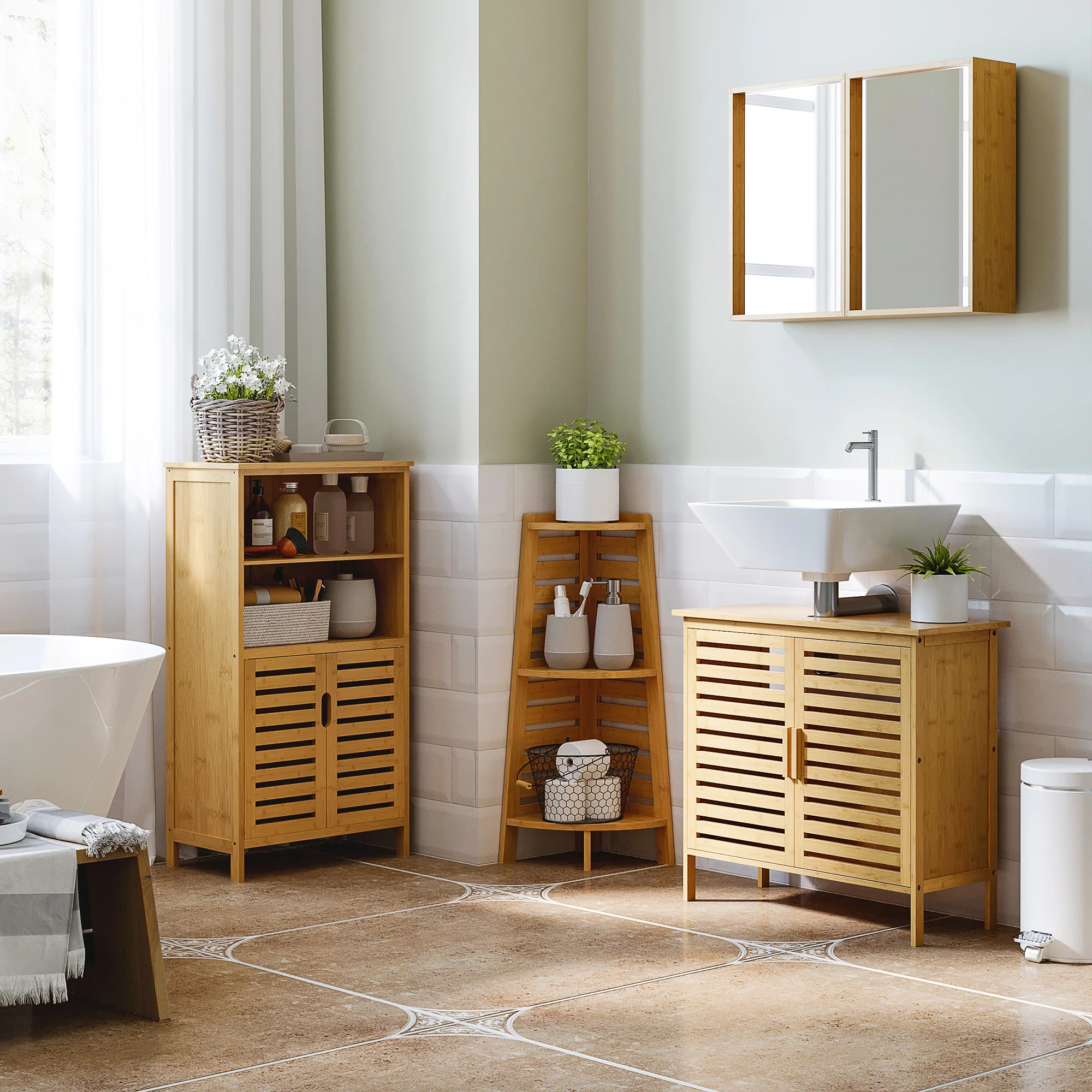 Meuble sous lavabo salle de bain en bambou meuble sous vasque meuble de salle de bain sous lavabo 2 portes - 66 x 29 x 61,5 cm - Image 3
