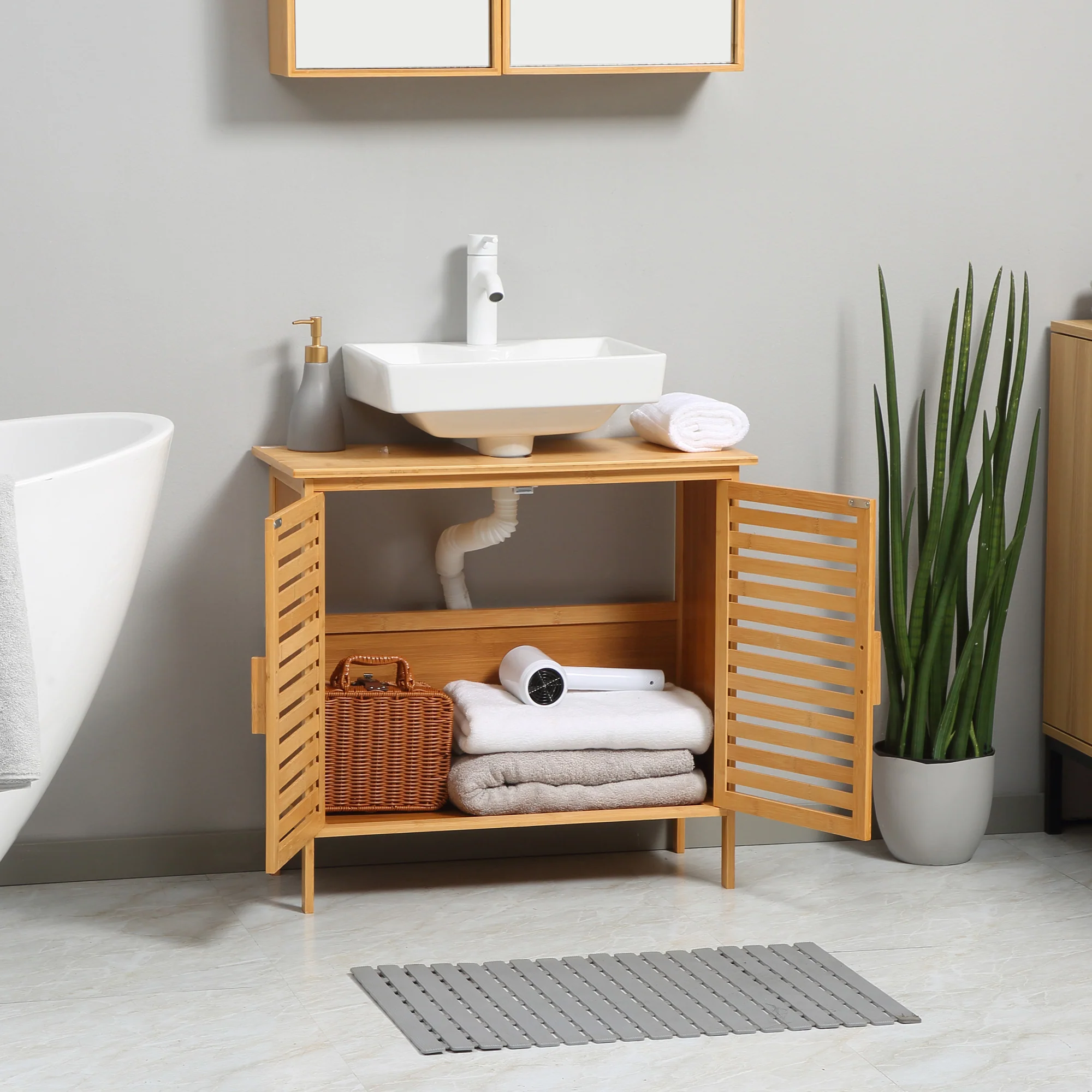 Meuble sous lavabo salle de bain en bambou meuble sous vasque meuble de salle de bain sous lavabo 2 portes - 66 x 29 x 61,5 cm - Image 8