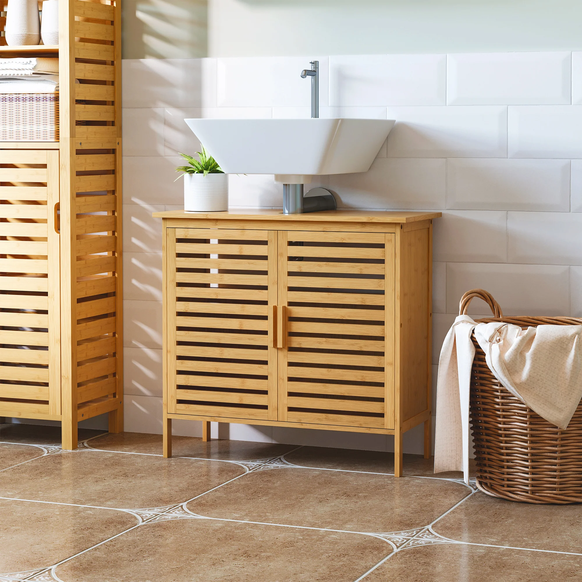 Meuble sous lavabo salle de bain en bambou meuble sous vasque meuble de salle de bain sous lavabo 2 portes - 66 x 29 x 61,5 cm - Image 9