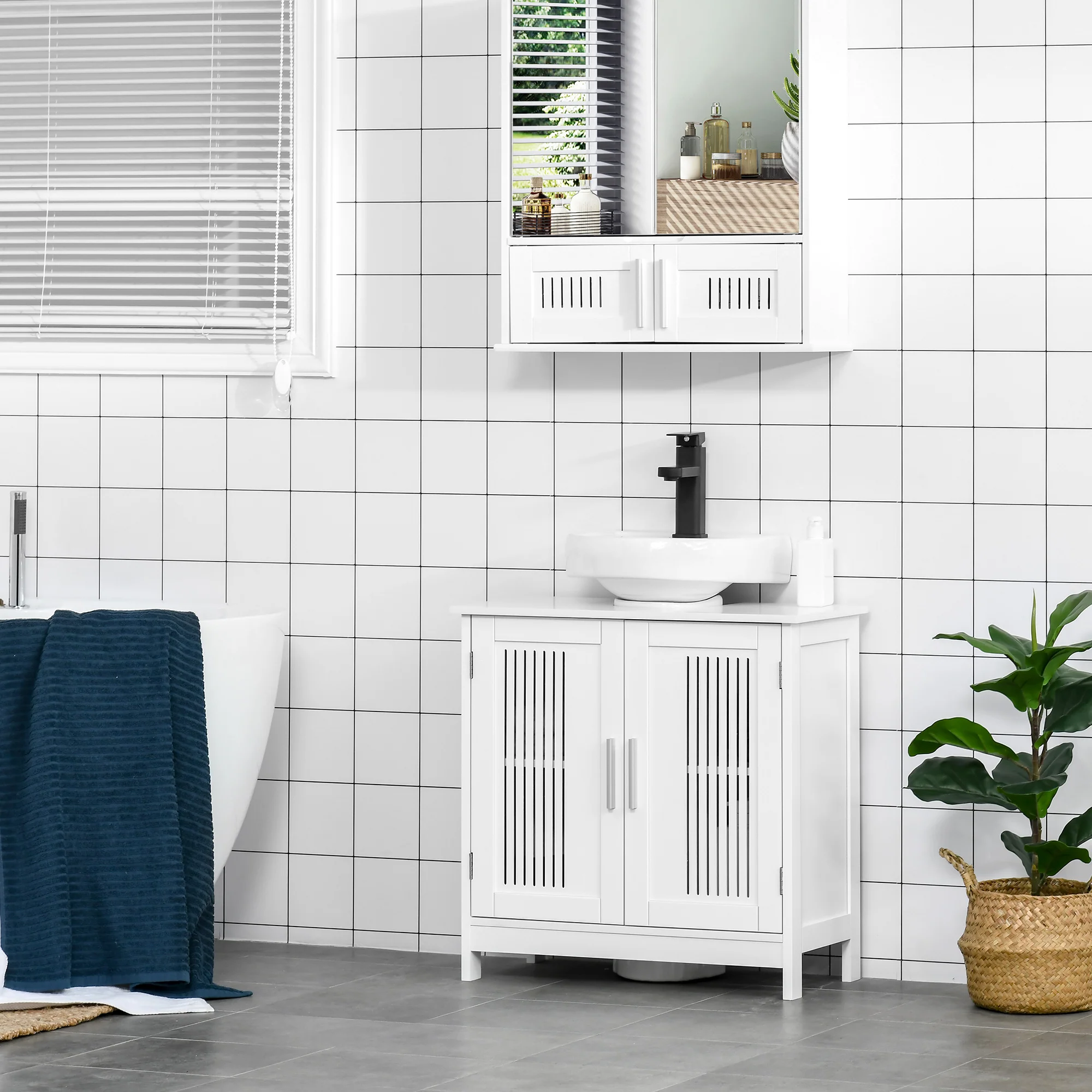 Meuble sous lavabo salle de bain - meuble sous-vasque - 2 portes rainurées avec étagère réglable - poignées alliage aluminium - dim. 60L x 30l x 60H cm - MDF blanc - Image 3