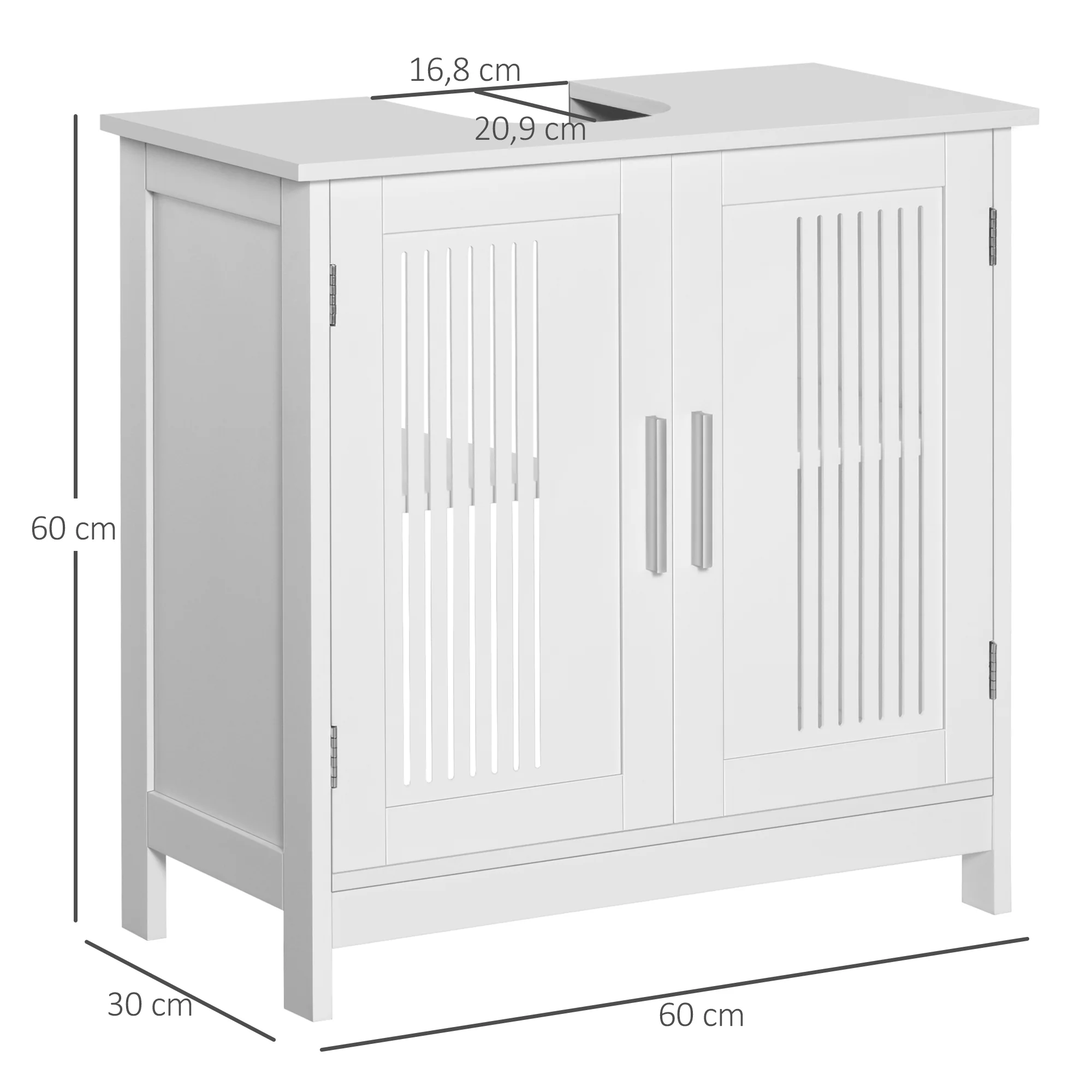 Meuble sous lavabo salle de bain - meuble sous-vasque - 2 portes rainurées avec étagère réglable - poignées alliage aluminium - dim. 60L x 30l x 60H cm - MDF blanc - Image 4