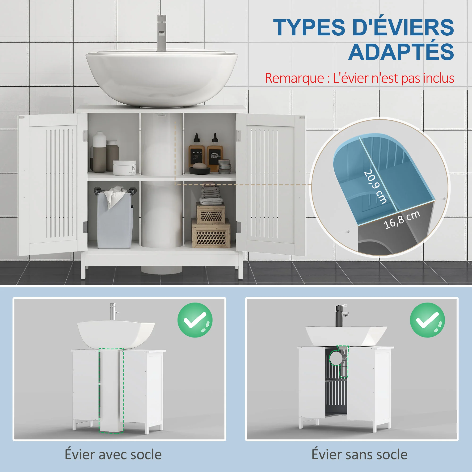 Meuble sous lavabo salle de bain - meuble sous-vasque - 2 portes rainurées avec étagère réglable - poignées alliage aluminium - dim. 60L x 30l x 60H cm - MDF blanc - Image 5