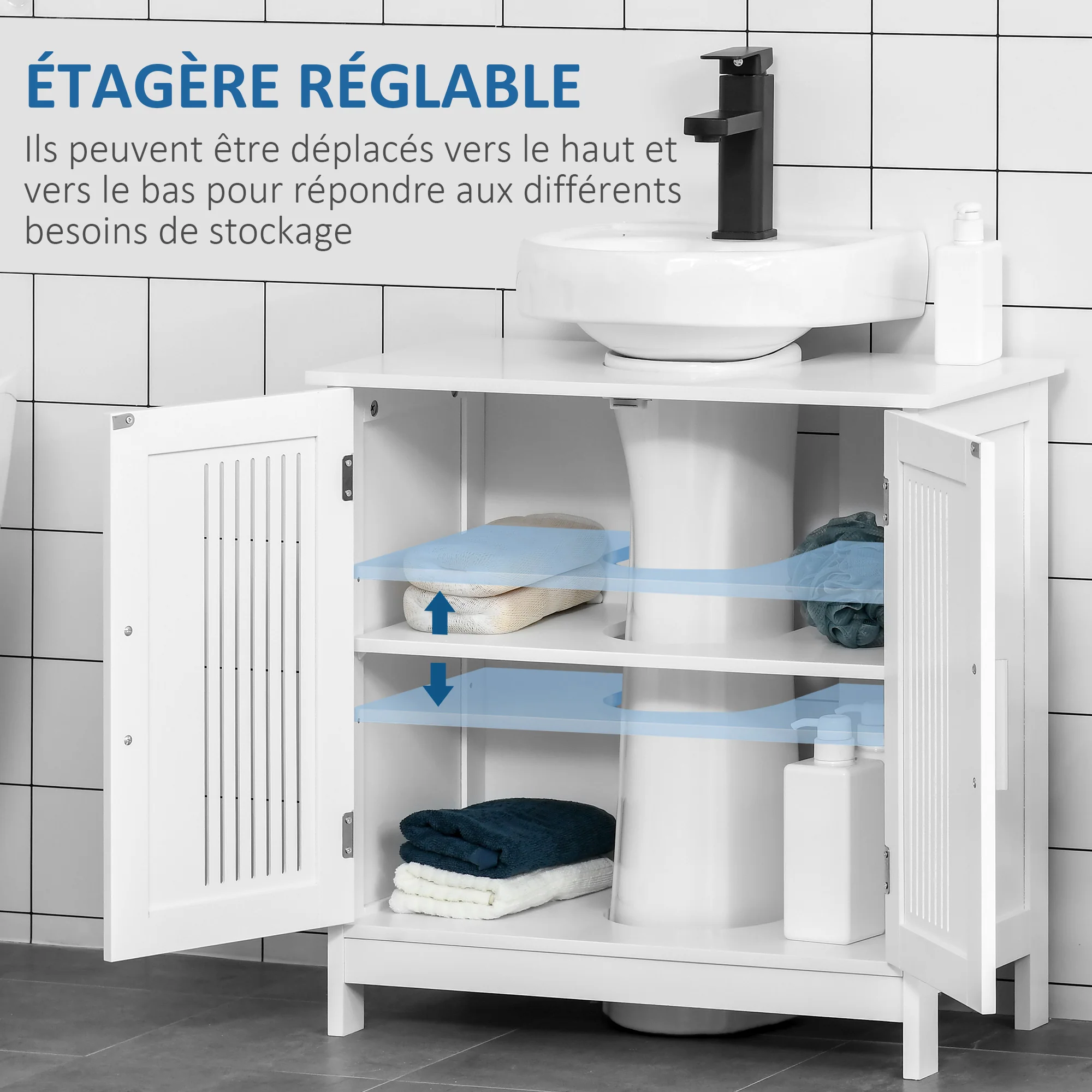 Meuble sous lavabo salle de bain - meuble sous-vasque - 2 portes rainurées avec étagère réglable - poignées alliage aluminium - dim. 60L x 30l x 60H cm - MDF blanc - Image 6