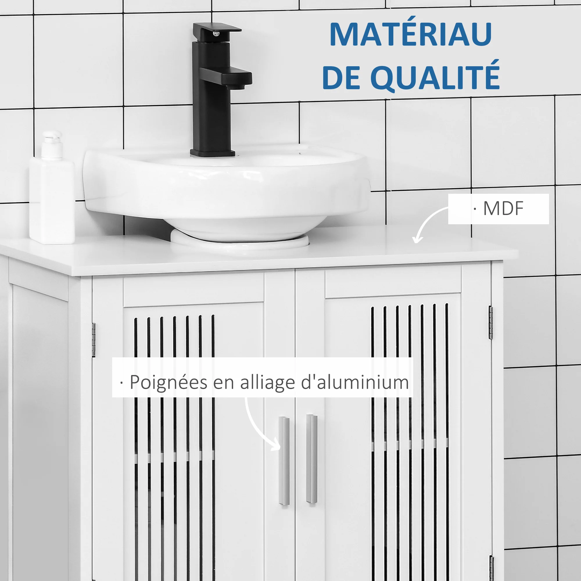 Meuble sous lavabo salle de bain - meuble sous-vasque - 2 portes rainurées avec étagère réglable - poignées alliage aluminium - dim. 60L x 30l x 60H cm - MDF blanc - Image 7