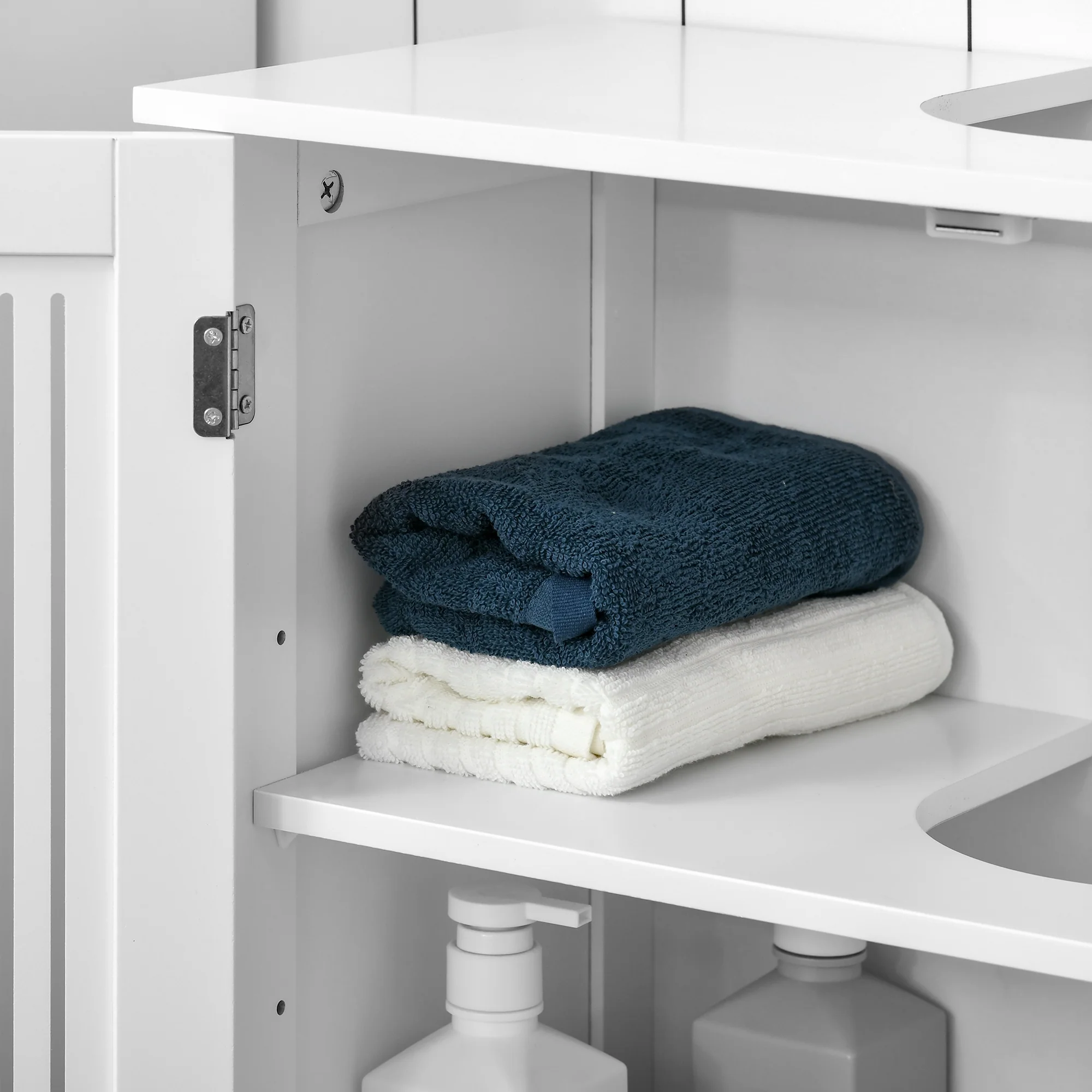 Meuble sous lavabo salle de bain - meuble sous-vasque - 2 portes rainurées avec étagère réglable - poignées alliage aluminium - dim. 60L x 30l x 60H cm - MDF blanc - Image 8