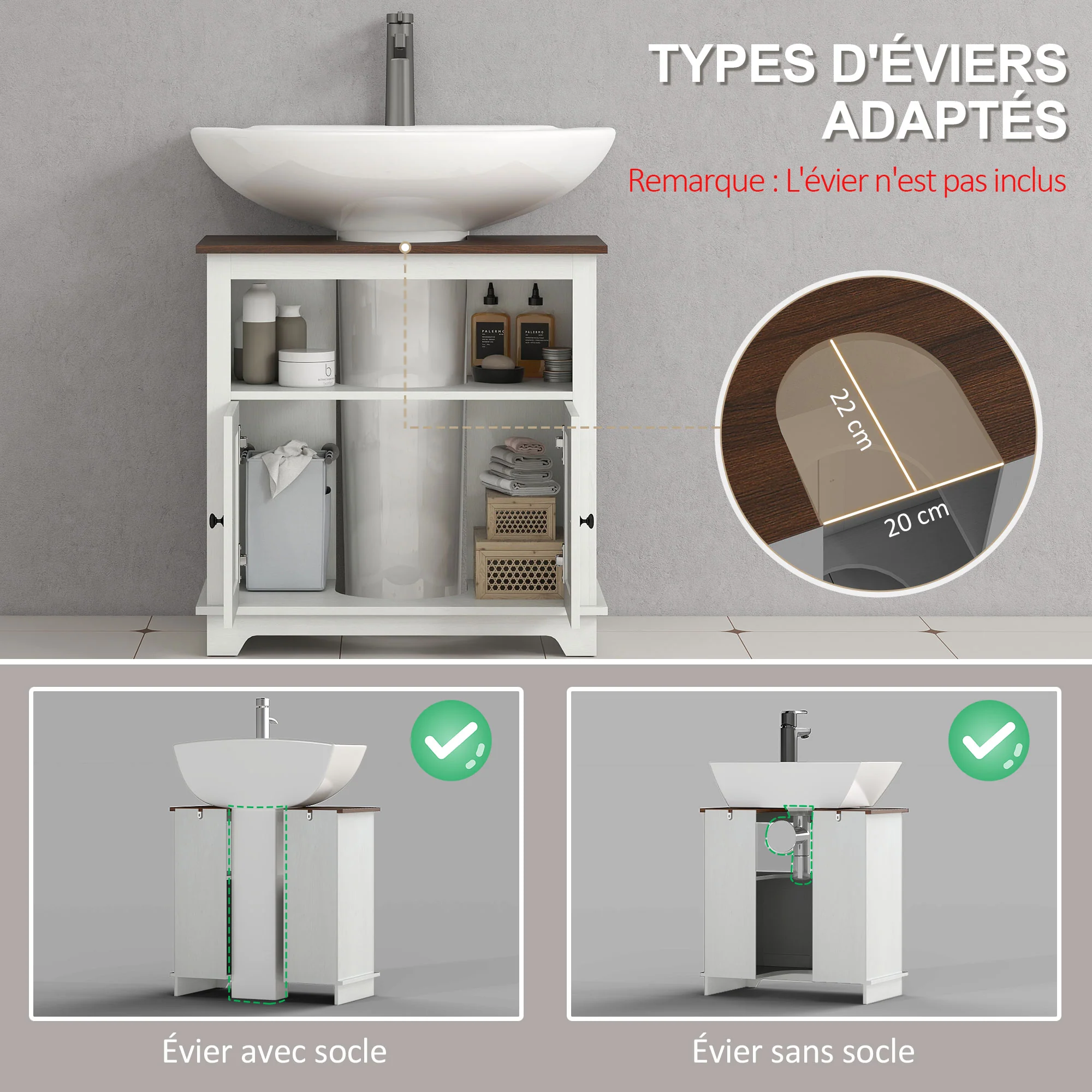Meuble sous lavabo salle de bain meuble sous vasque armoire de rangement pour lavabo - niche et placard à portes doubles, 60 x 30 x 60 cm, blanc - Image 5