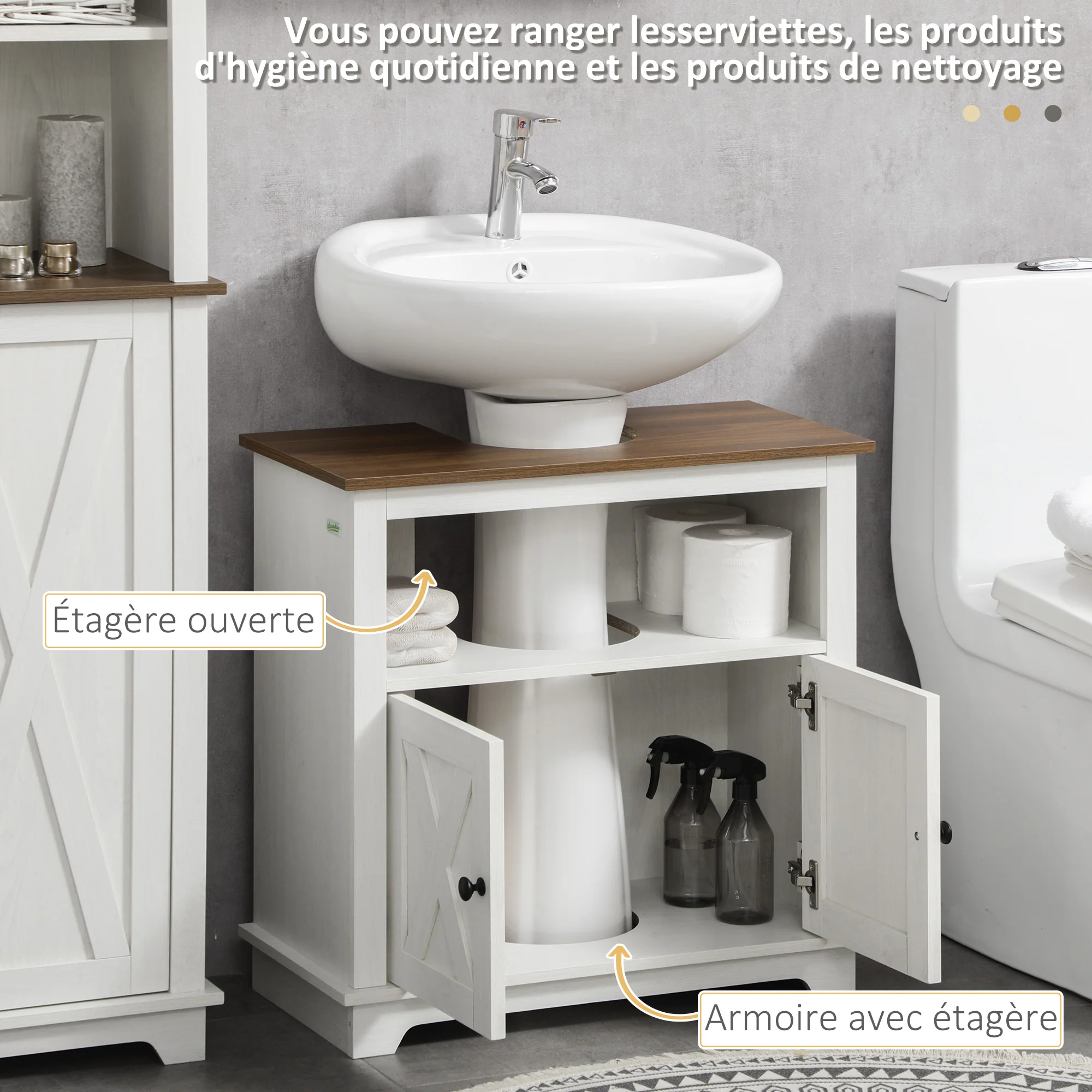 Meuble sous lavabo salle de bain meuble sous vasque armoire de rangement pour lavabo - niche et placard à portes doubles, 60 x 30 x 60 cm, blanc - Image 6