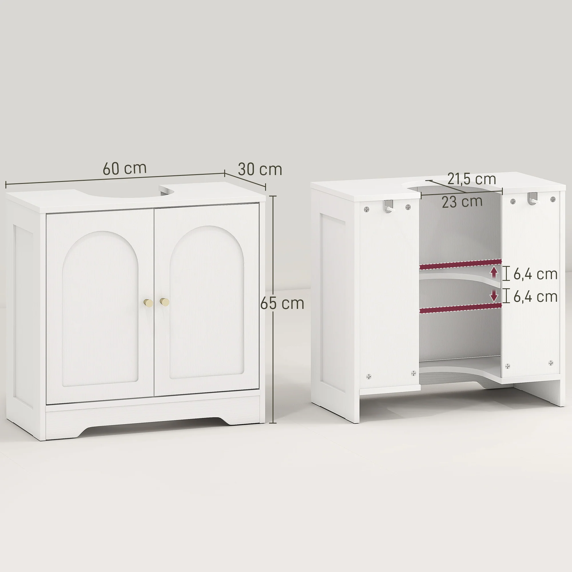 Meuble sous lavabo salle de bain meuble sous vasque armoire de rangement pour lavabo - placard à portes et étagère réglable, pour bassin avec ou sans pédestal, 60 x 30 x 65 cm, blanc - Image 4