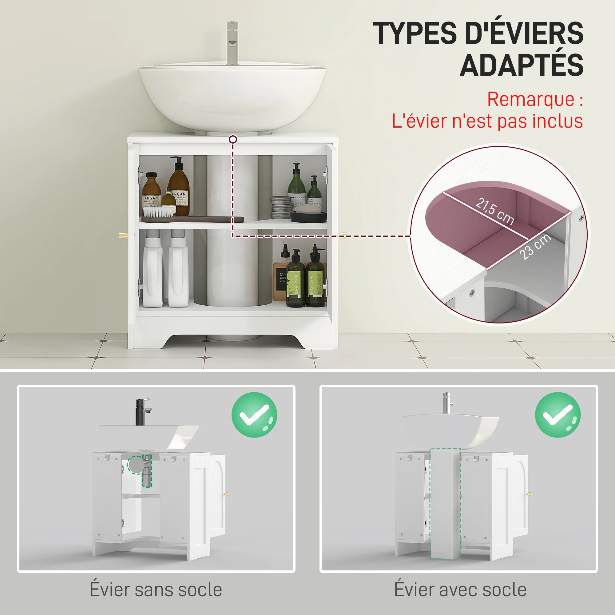 Meuble sous lavabo salle de bain meuble sous vasque armoire de rangement pour lavabo - placard à portes et étagère réglable, pour bassin avec ou sans pédestal, 60 x 30 x 65 cm, blanc - Image 5