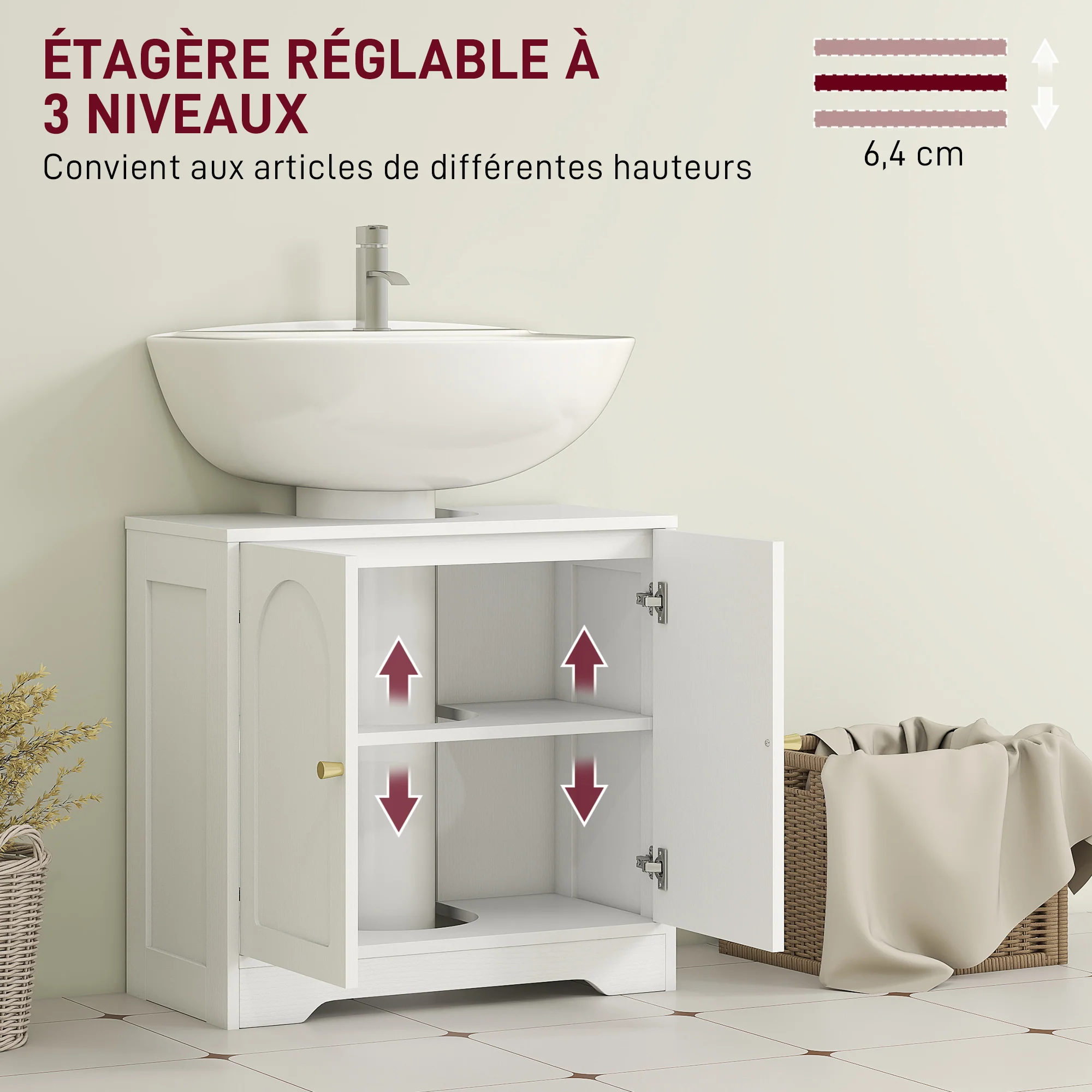 Meuble sous lavabo salle de bain meuble sous vasque armoire de rangement pour lavabo - placard à portes et étagère réglable, pour bassin avec ou sans pédestal, 60 x 30 x 65 cm, blanc - Image 6