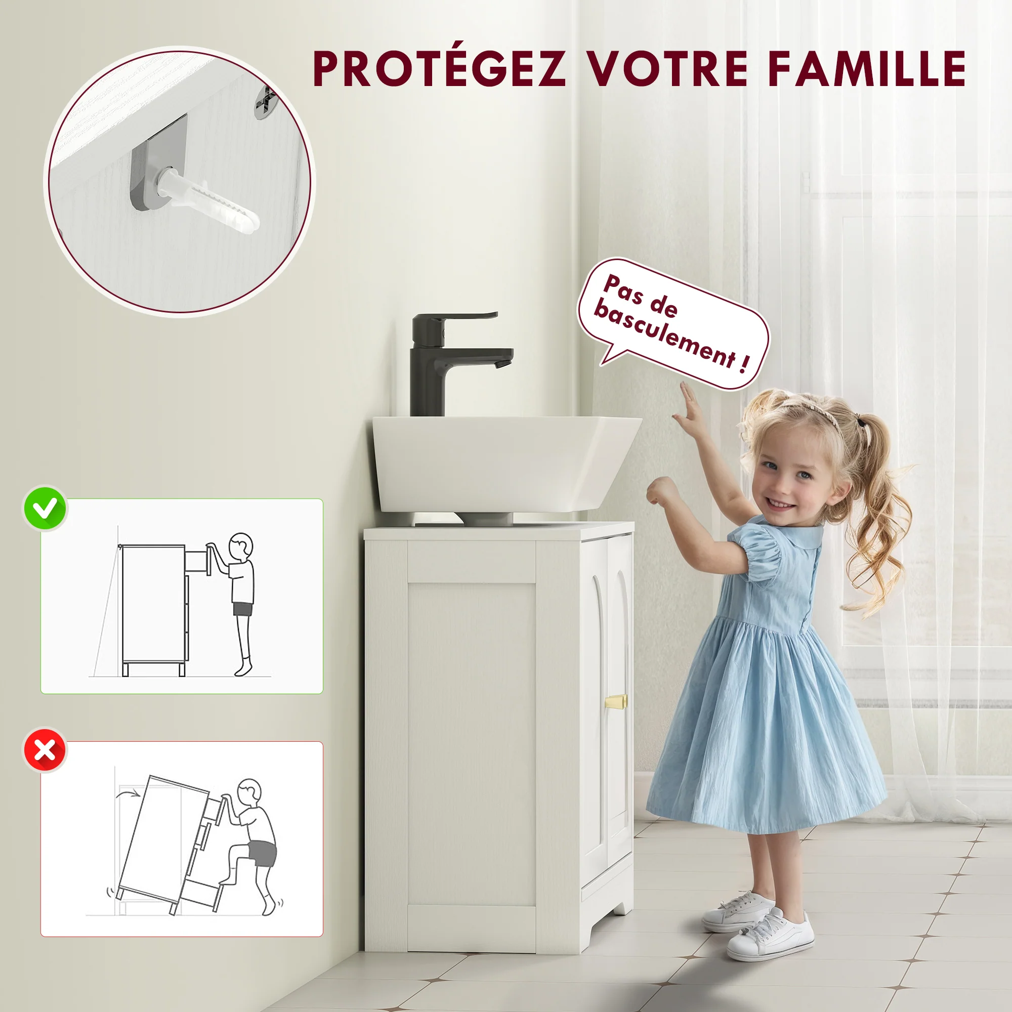 Meuble sous lavabo salle de bain meuble sous vasque armoire de rangement pour lavabo - placard à portes et étagère réglable, pour bassin avec ou sans pédestal, 60 x 30 x 65 cm, blanc - Image 7
