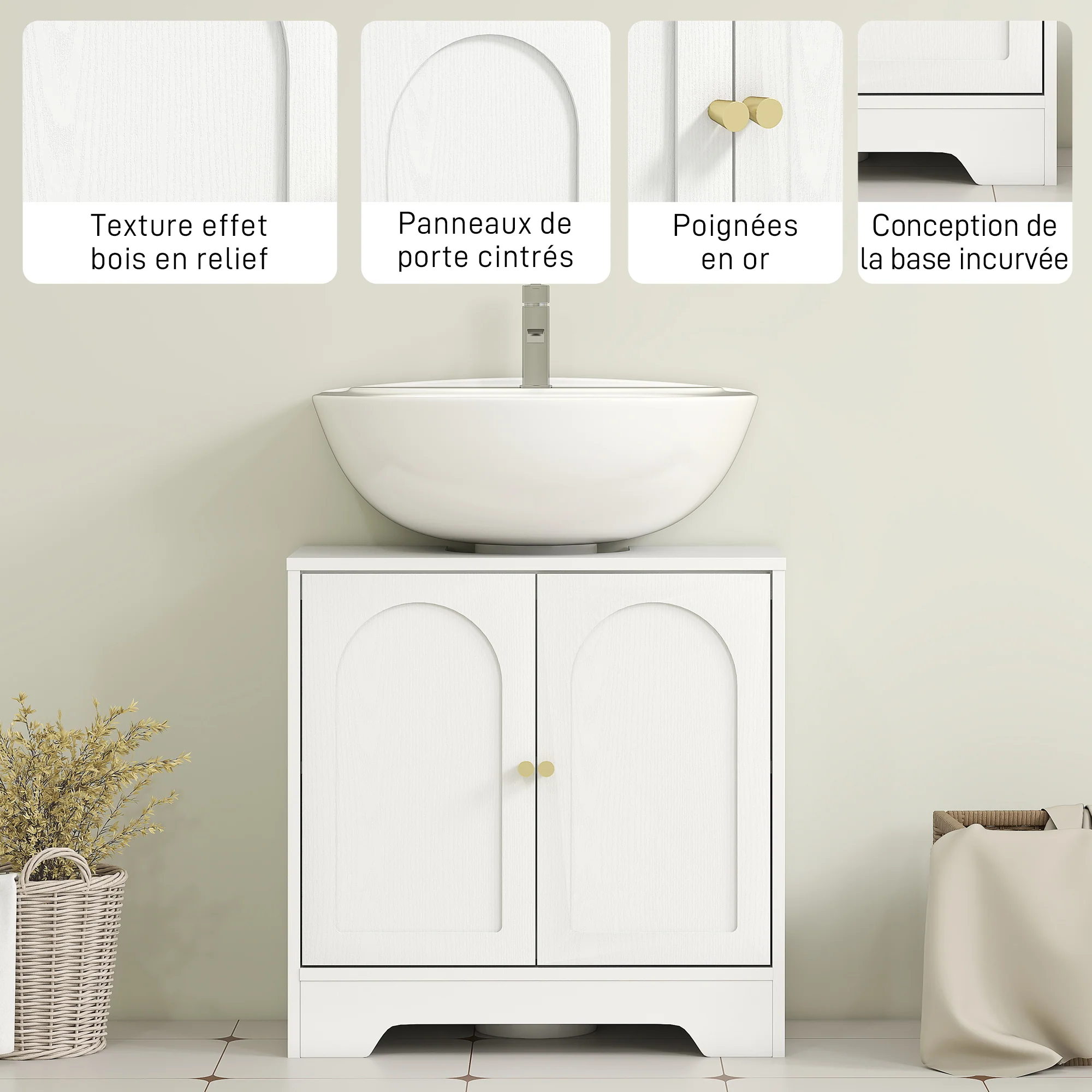 Meuble sous lavabo salle de bain meuble sous vasque armoire de rangement pour lavabo - placard à portes et étagère réglable, pour bassin avec ou sans pédestal, 60 x 30 x 65 cm, blanc - Image 8