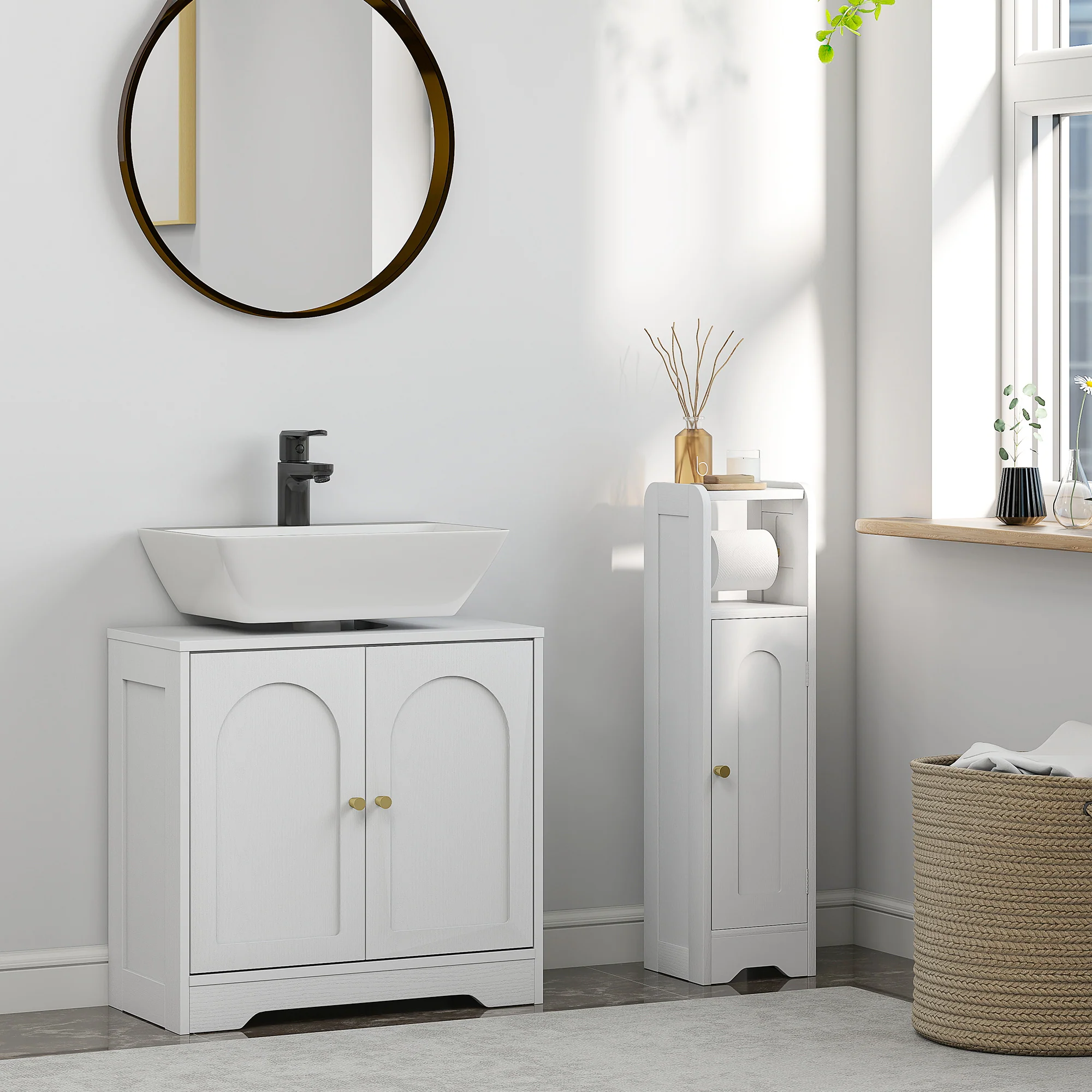 Meuble sous lavabo salle de bain meuble sous vasque armoire de rangement pour lavabo - placard à portes et étagère réglable, pour bassin avec ou sans pédestal, 60 x 30 x 65 cm, blanc - Image 9