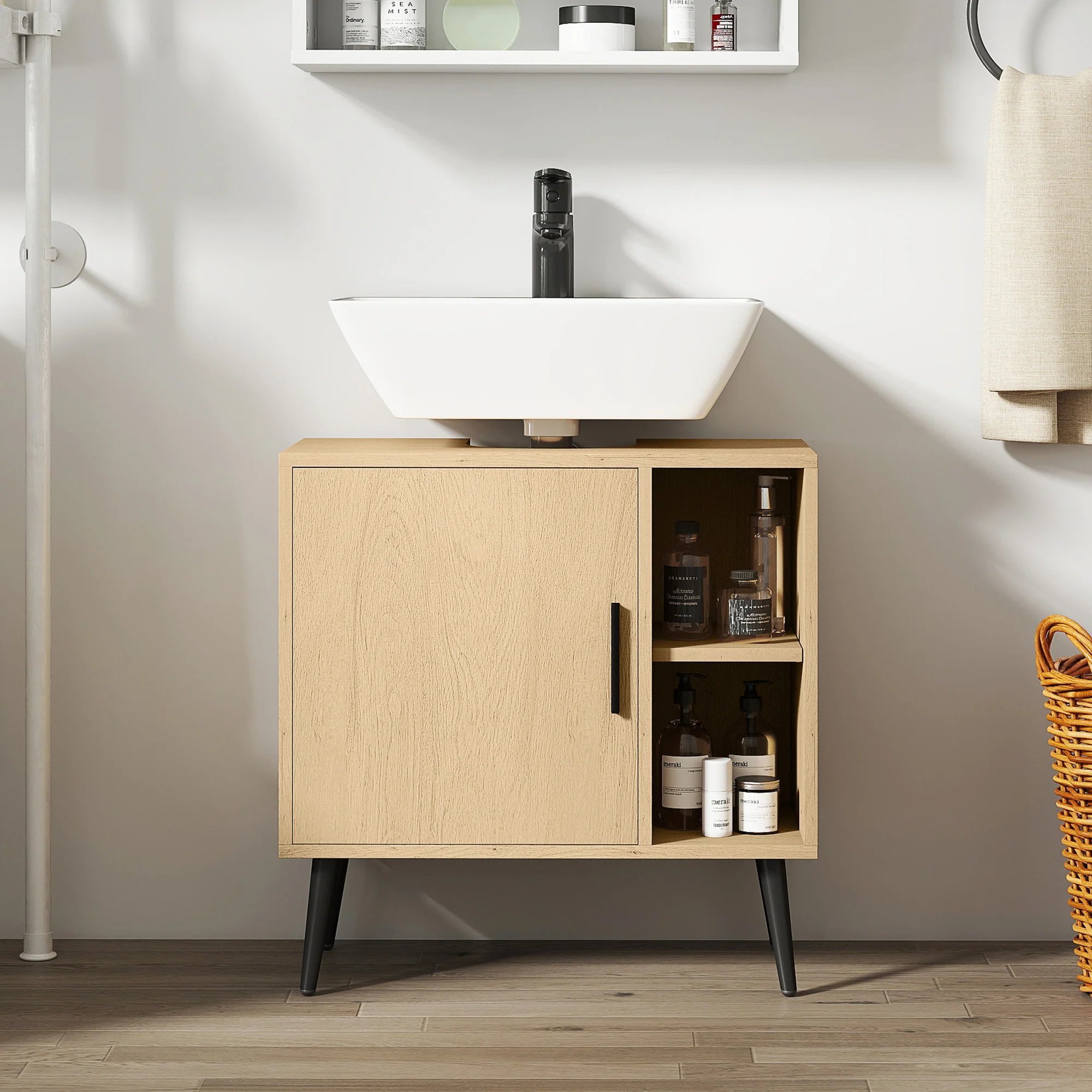 Meuble sous lavabo salle de bain, meuble sous vasque industriel avec porte à fermeture progressive et étagère réglable, 60 x 30 x 59,5 cm, chêne - Image 10