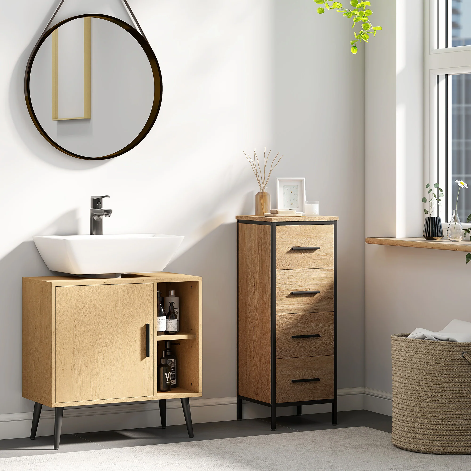 Meuble sous lavabo salle de bain, meuble sous vasque industriel avec porte à fermeture progressive et étagère réglable, 60 x 30 x 59,5 cm, chêne - Image 3