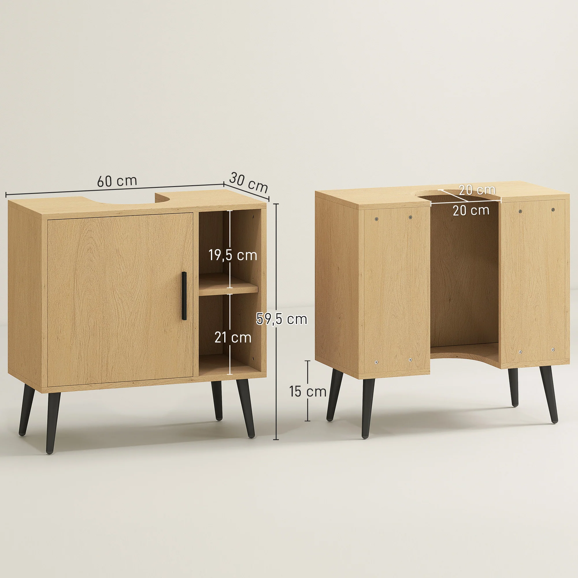 Meuble sous lavabo salle de bain, meuble sous vasque industriel avec porte à fermeture progressive et étagère réglable, 60 x 30 x 59,5 cm, chêne - Image 4