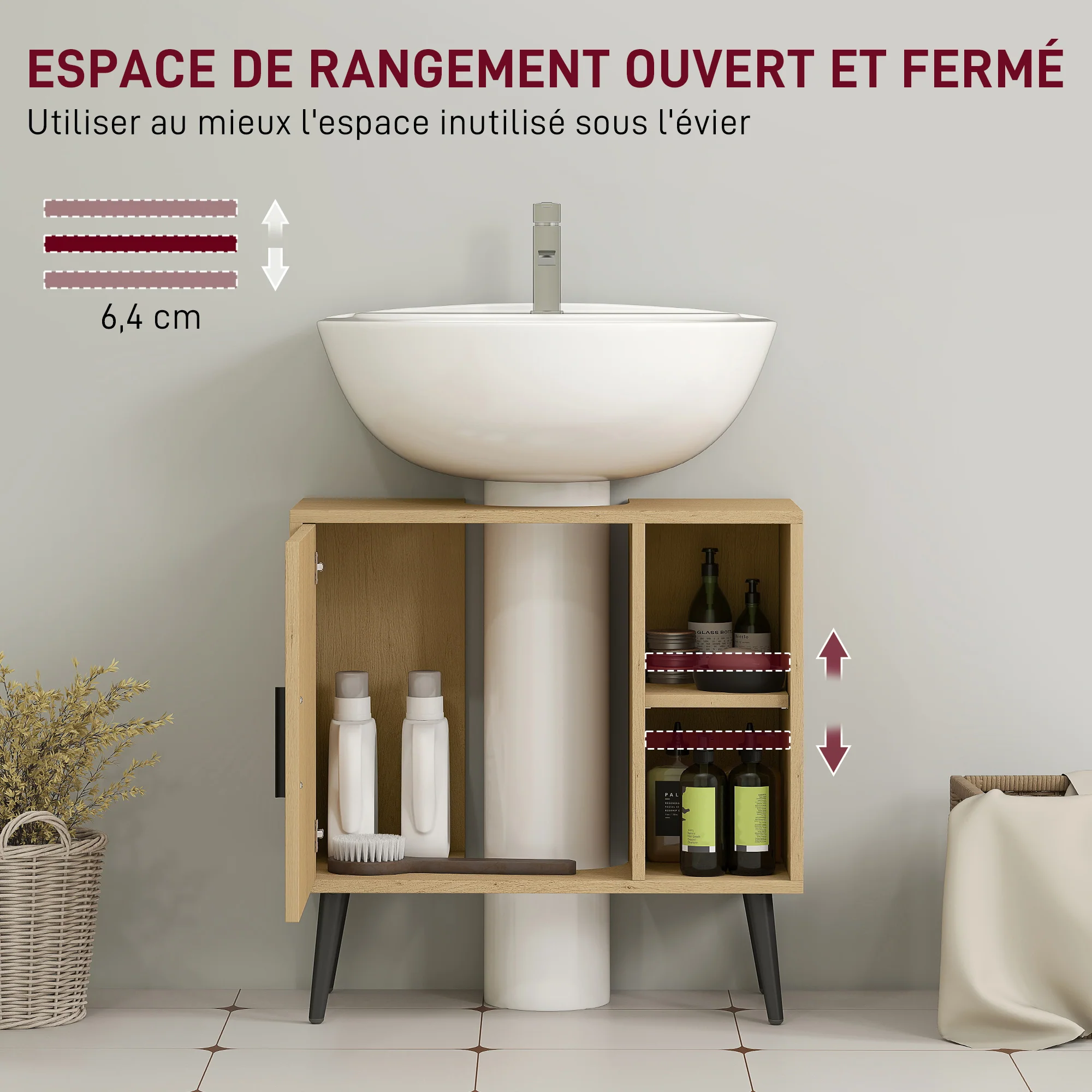 Meuble sous lavabo salle de bain, meuble sous vasque industriel avec porte à fermeture progressive et étagère réglable, 60 x 30 x 59,5 cm, chêne - Image 7