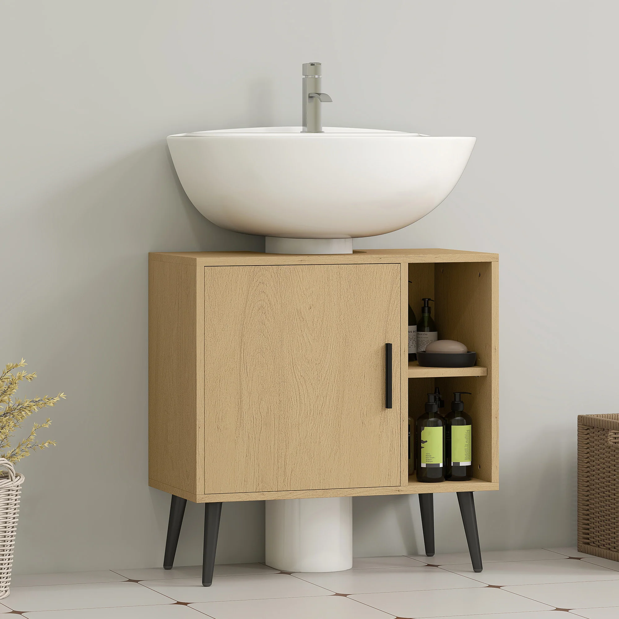 Meuble sous lavabo salle de bain, meuble sous vasque industriel avec porte à fermeture progressive et étagère réglable, 60 x 30 x 59,5 cm, chêne - Image 9