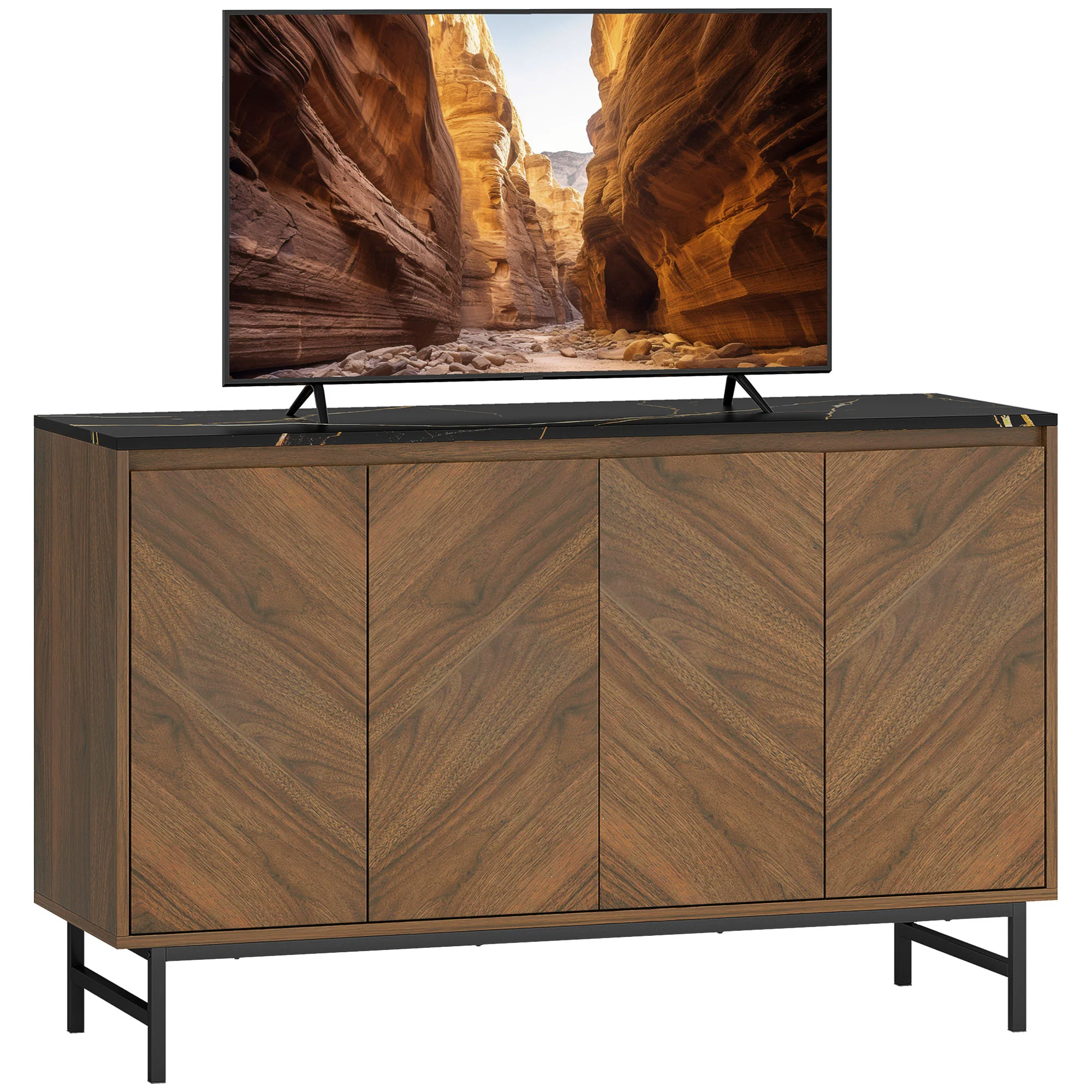 Meuble TV 120 cm, meuble télé pour téléviseur jusqu'à 55 pouces avec 4 portes, plateau effet marbre, étagères réglables et pieds en acier, banc TV pour salon, chambre à coucher, noyer - Image 11
