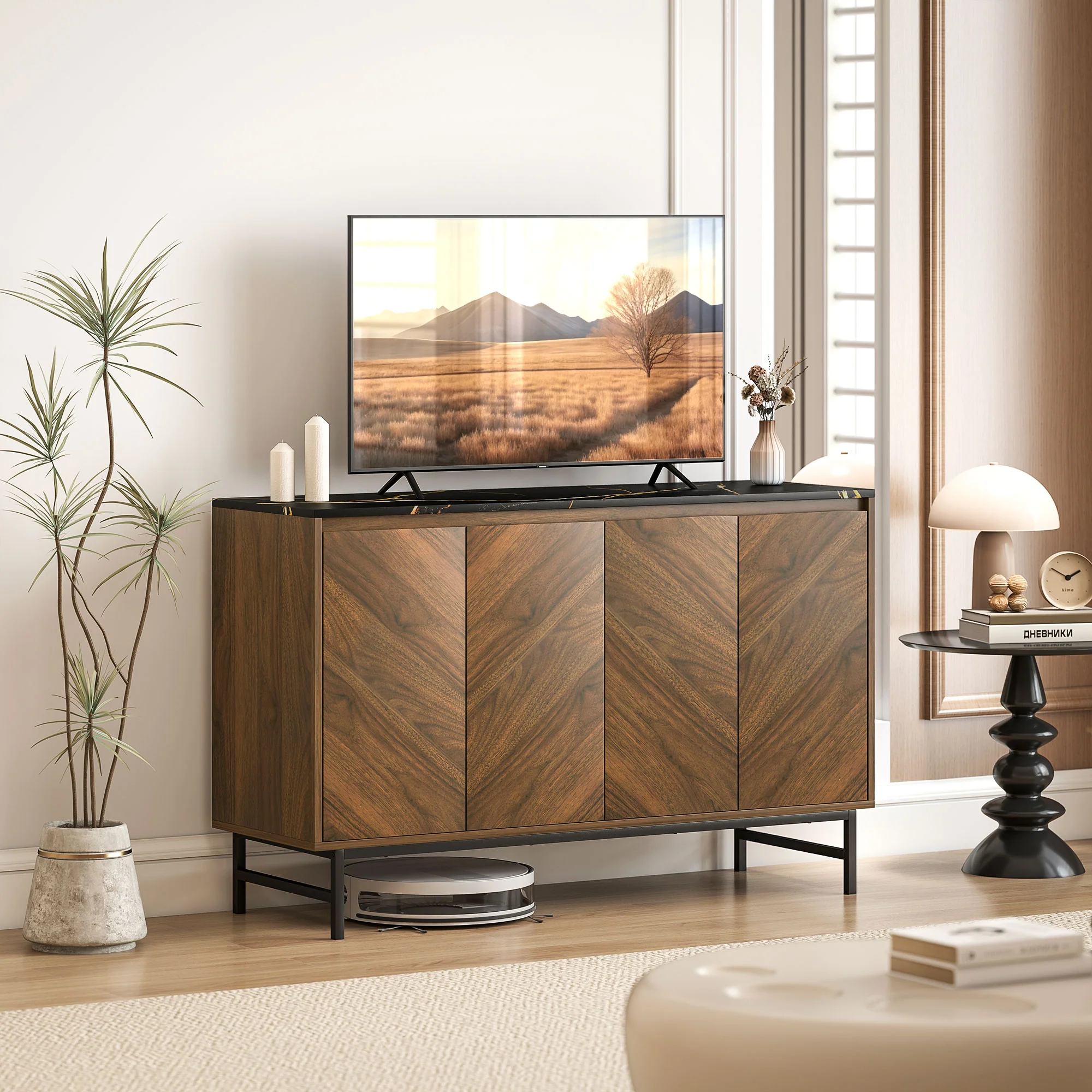 Meuble TV 120 cm, meuble télé pour téléviseur jusqu'à 55 pouces avec 4 portes, plateau effet marbre, étagères réglables et pieds en acier, banc TV pour salon, chambre à coucher, noyer - Image 3