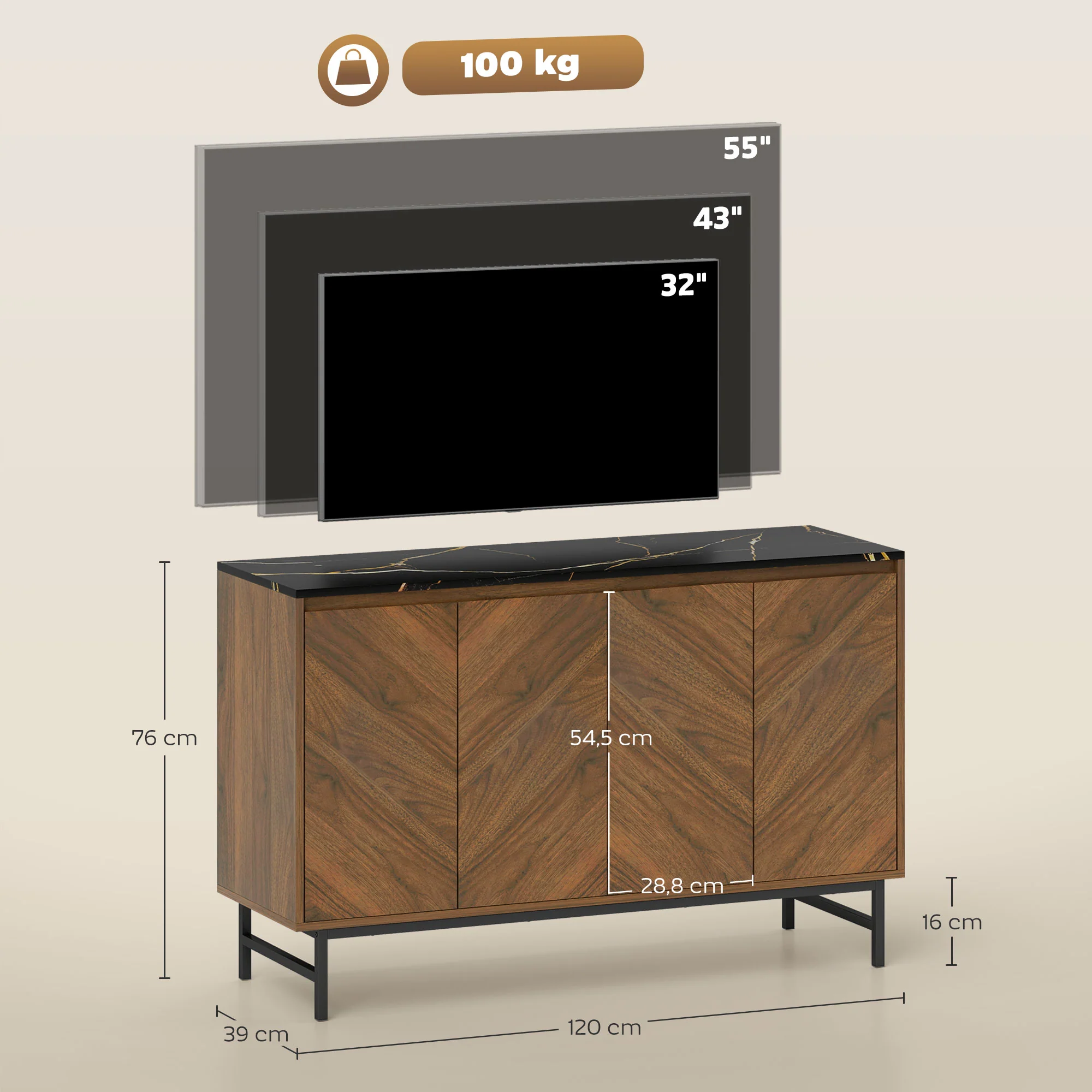 Meuble TV 120 cm, meuble télé pour téléviseur jusqu'à 55 pouces avec 4 portes, plateau effet marbre, étagères réglables et pieds en acier, banc TV pour salon, chambre à coucher, noyer - Image 4