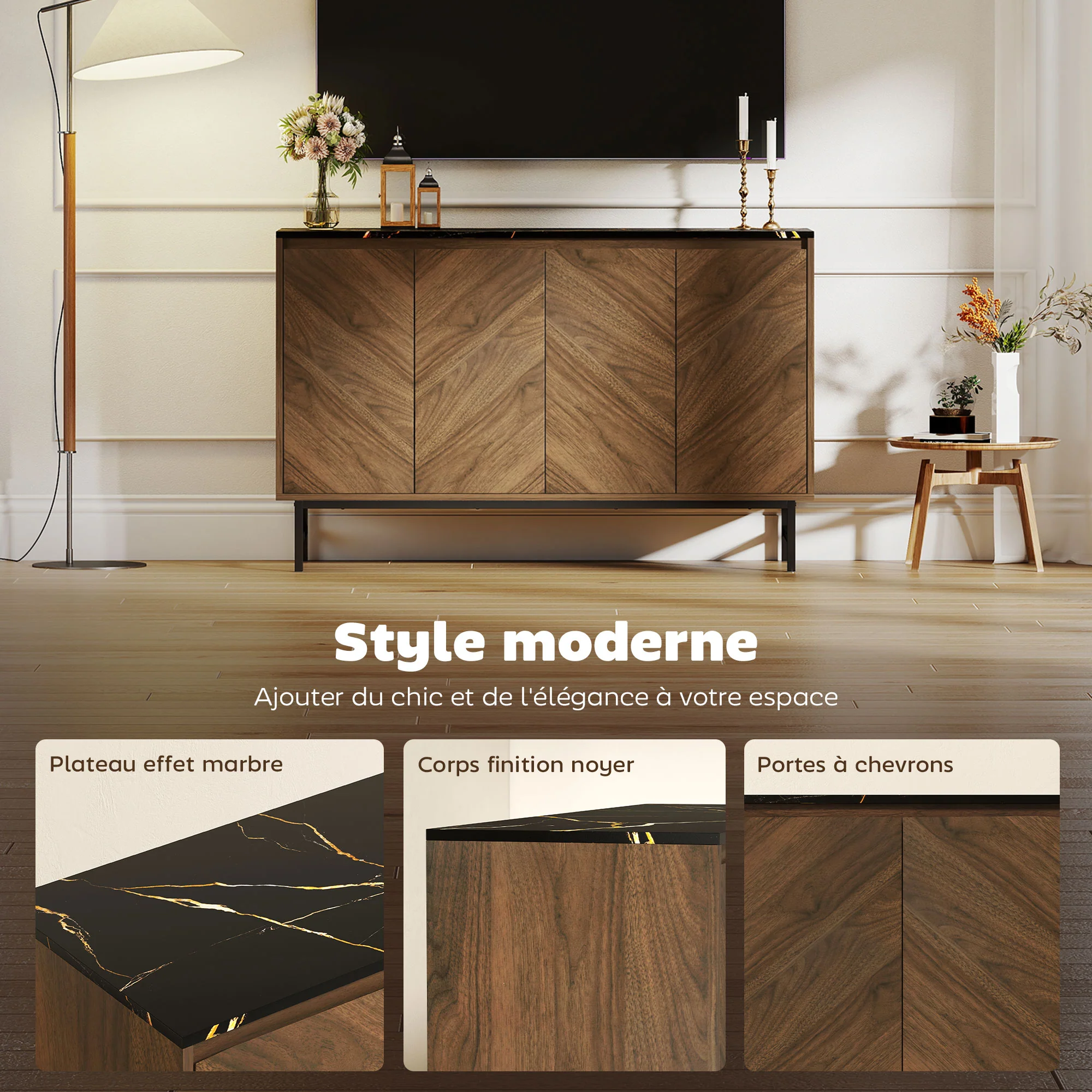 Meuble TV 120 cm, meuble télé pour téléviseur jusqu'à 55 pouces avec 4 portes, plateau effet marbre, étagères réglables et pieds en acier, banc TV pour salon, chambre à coucher, noyer - Image 5