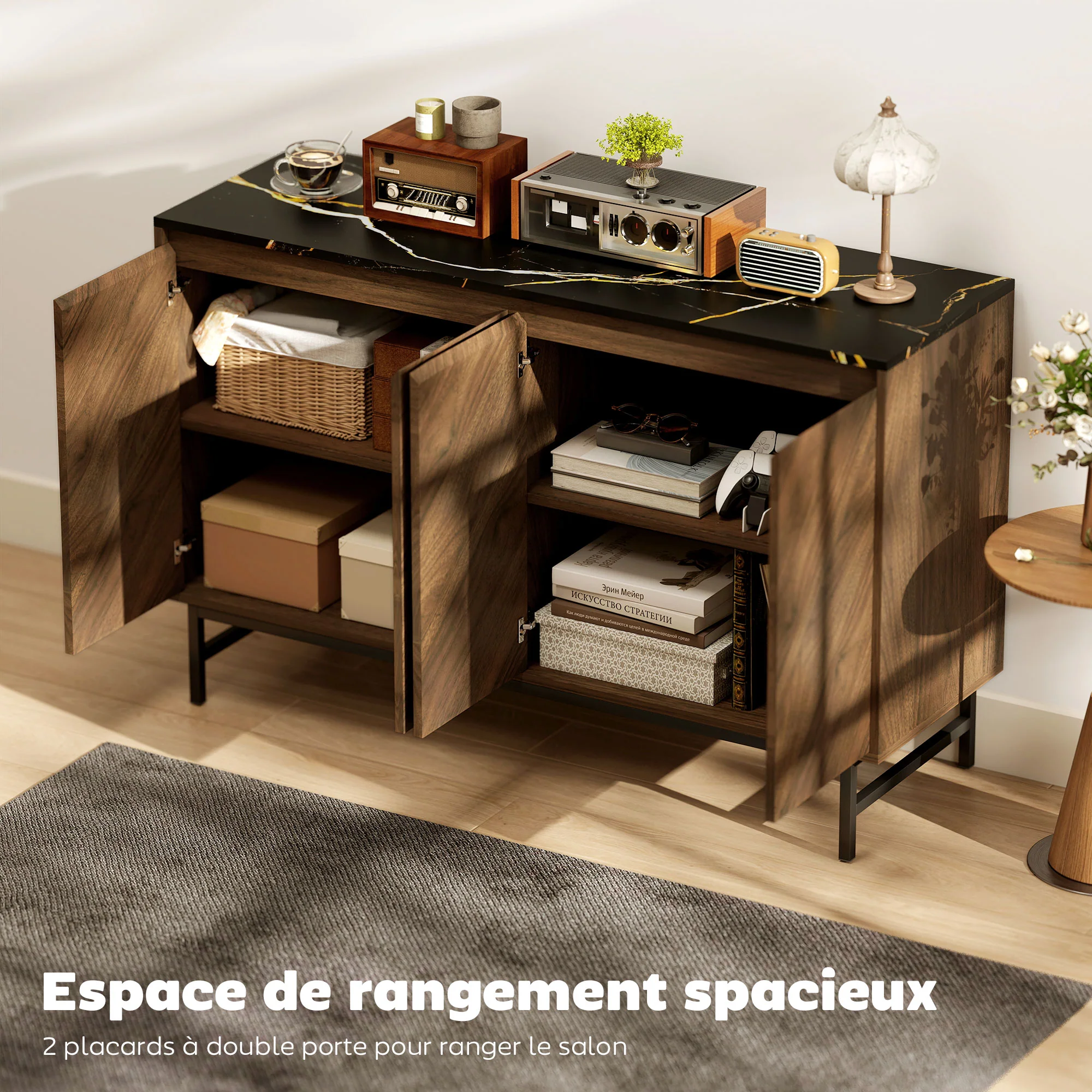 Meuble TV 120 cm, meuble télé pour téléviseur jusqu'à 55 pouces avec 4 portes, plateau effet marbre, étagères réglables et pieds en acier, banc TV pour salon, chambre à coucher, noyer - Image 6