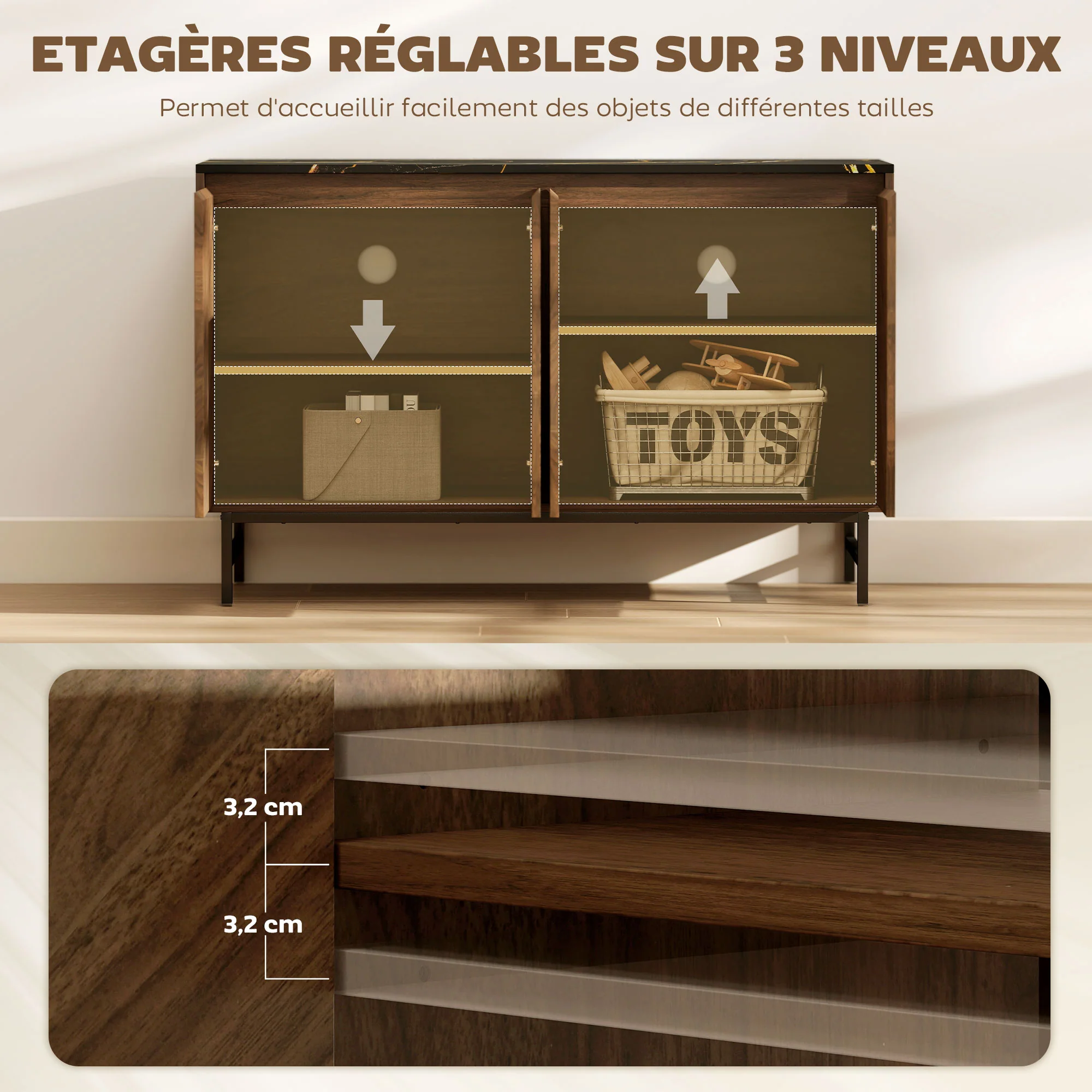 Meuble TV 120 cm, meuble télé pour téléviseur jusqu'à 55 pouces avec 4 portes, plateau effet marbre, étagères réglables et pieds en acier, banc TV pour salon, chambre à coucher, noyer - Image 7