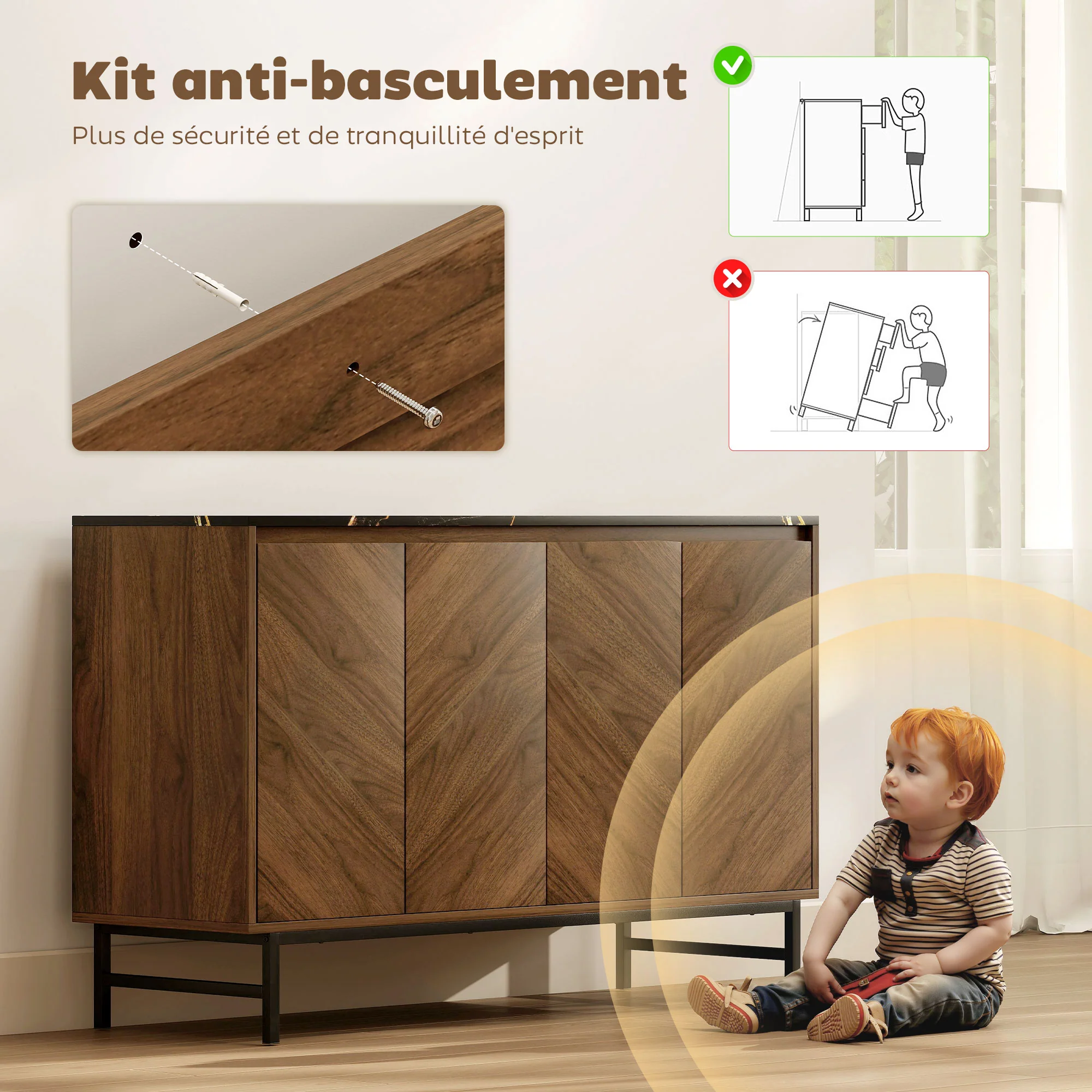 Meuble TV 120 cm, meuble télé pour téléviseur jusqu'à 55 pouces avec 4 portes, plateau effet marbre, étagères réglables et pieds en acier, banc TV pour salon, chambre à coucher, noyer - Image 8