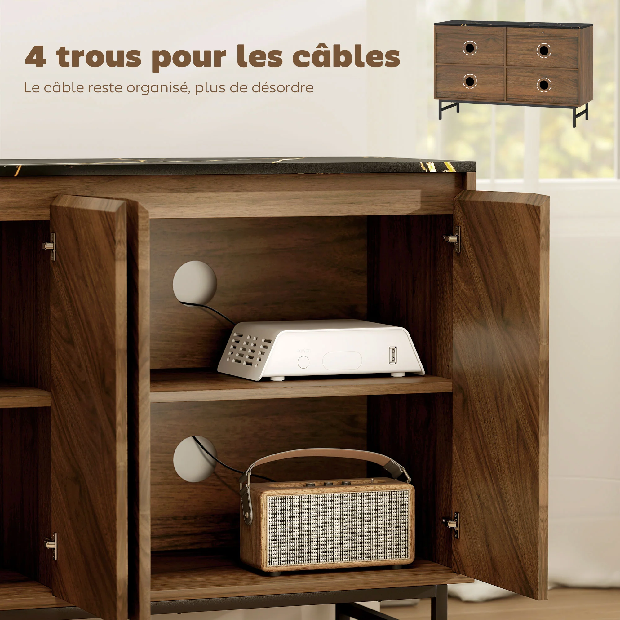 Meuble TV 120 cm, meuble télé pour téléviseur jusqu'à 55 pouces avec 4 portes, plateau effet marbre, étagères réglables et pieds en acier, banc TV pour salon, chambre à coucher, noyer - Image 9