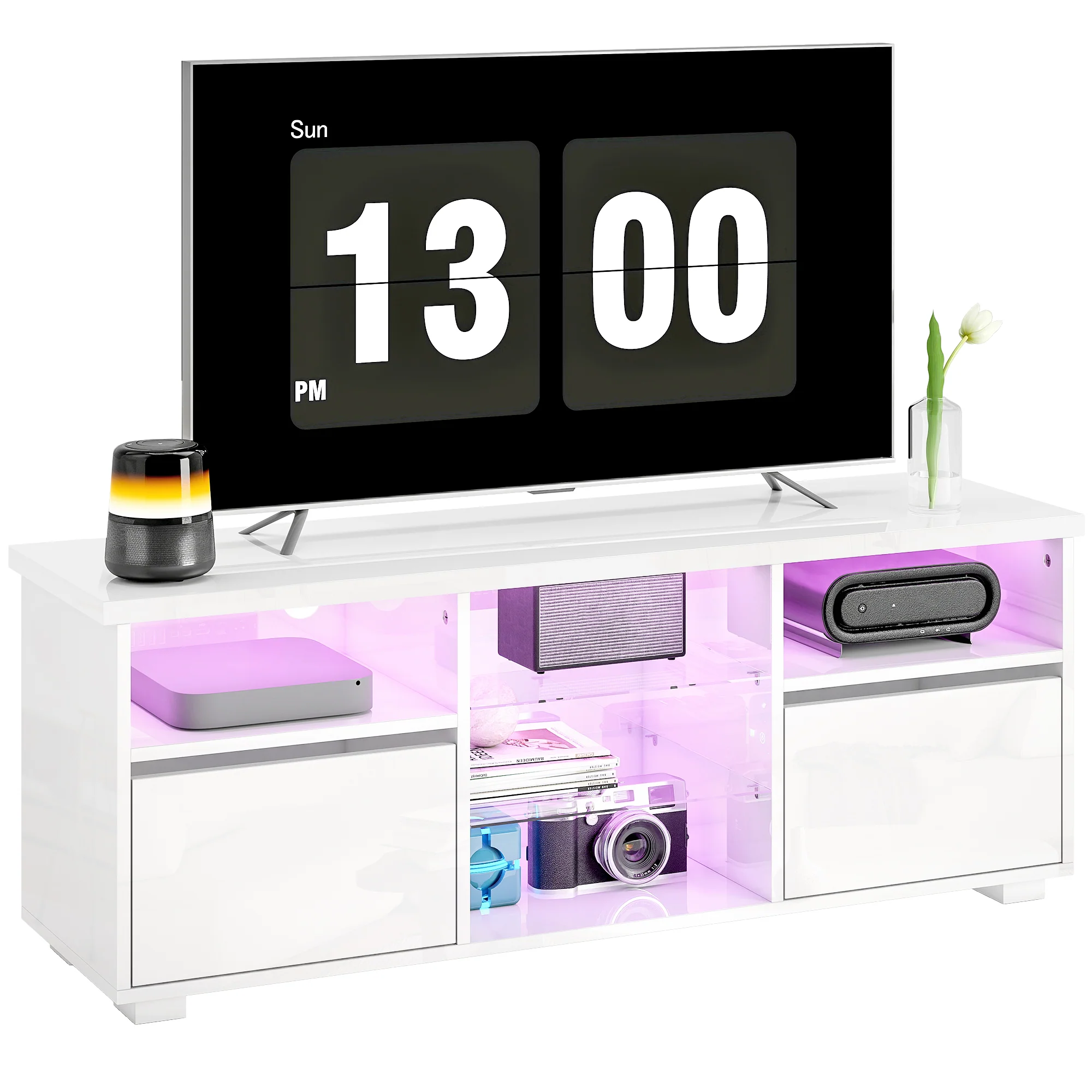 Meuble TV 120 cm, meuble télé pour téléviseur jusqu'à 55 pouces avec éclairage LED et télécommande, étagères en verre réglables, compartiments ouverts et passe-câbles, banc TV pour salon blanc - Image 11