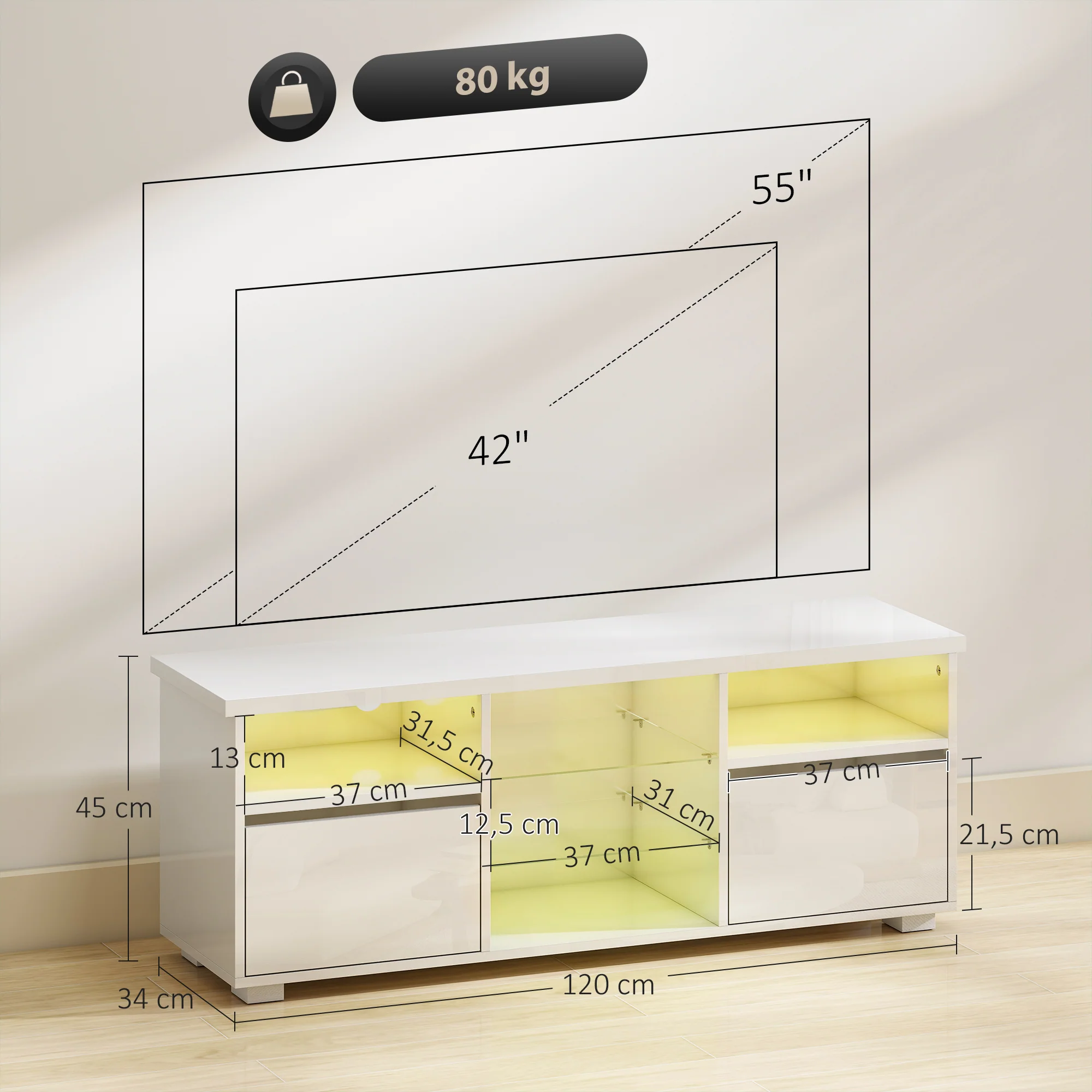 Meuble TV 120 cm, meuble télé pour téléviseur jusqu'à 55 pouces avec éclairage LED et télécommande, étagères en verre réglables, compartiments ouverts et passe-câbles, banc TV pour salon blanc - Image 4