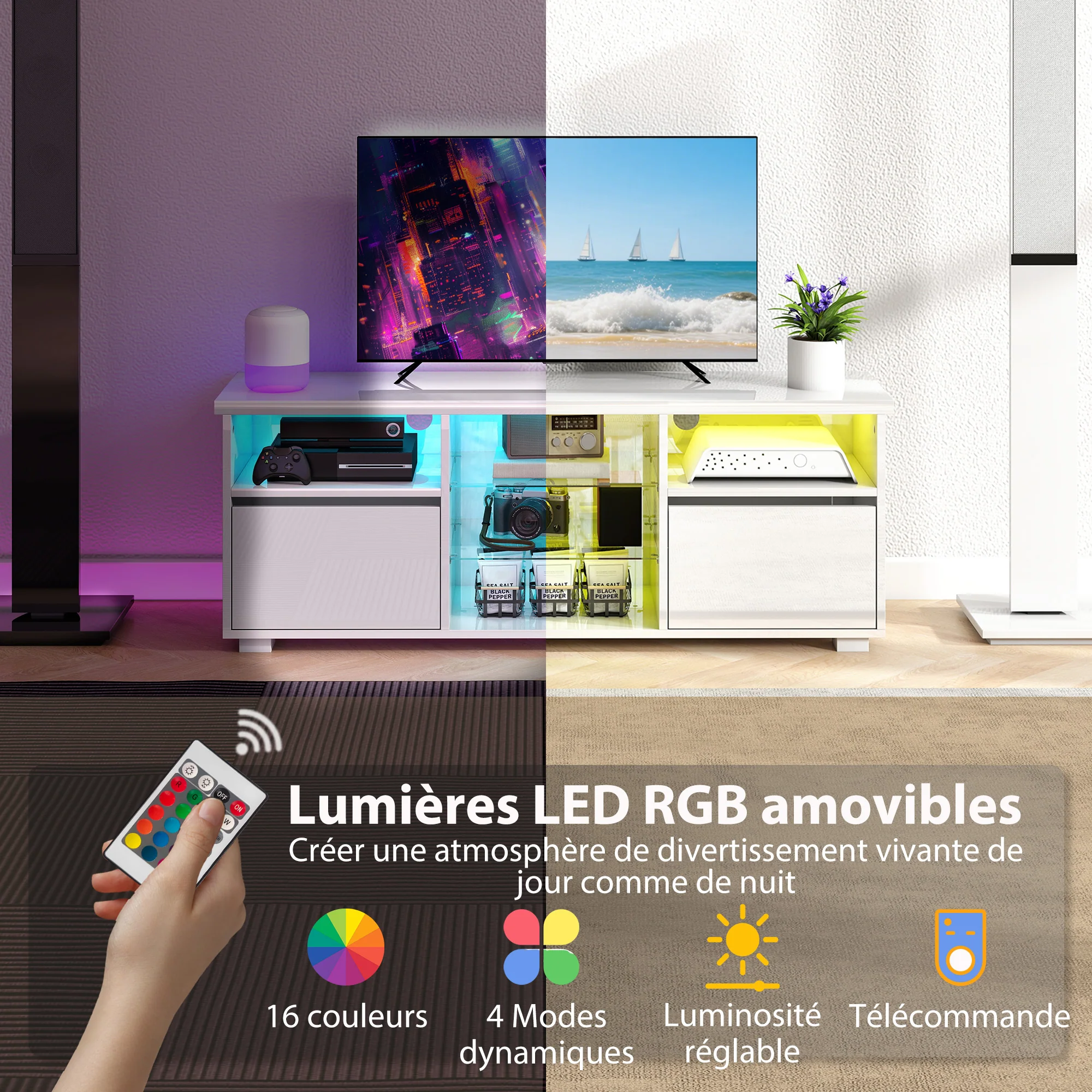 Meuble TV 120 cm, meuble télé pour téléviseur jusqu'à 55 pouces avec éclairage LED et télécommande, étagères en verre réglables, compartiments ouverts et passe-câbles, banc TV pour salon blanc - Image 5