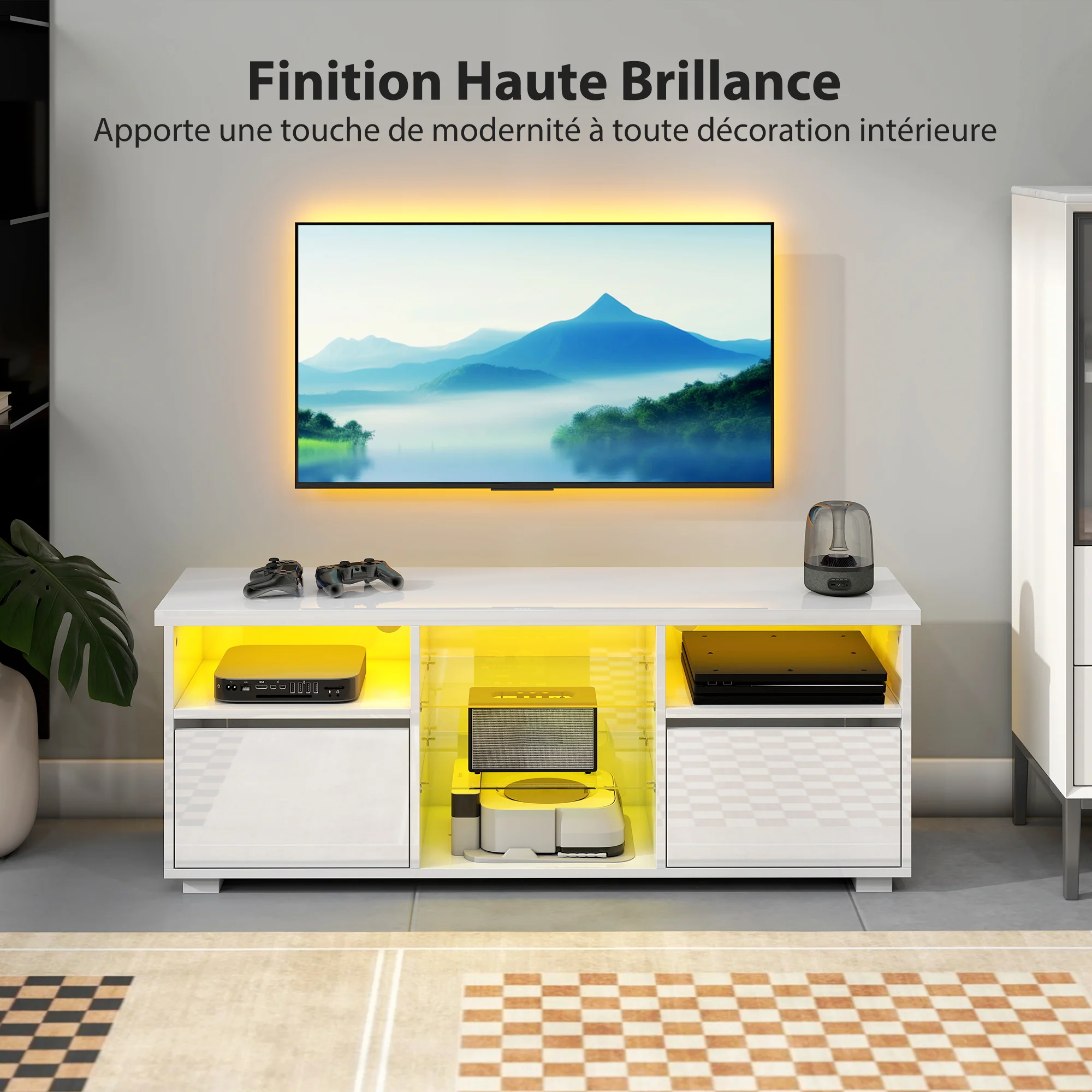 Meuble TV 120 cm, meuble télé pour téléviseur jusqu'à 55 pouces avec éclairage LED et télécommande, étagères en verre réglables, compartiments ouverts et passe-câbles, banc TV pour salon blanc - Image 6