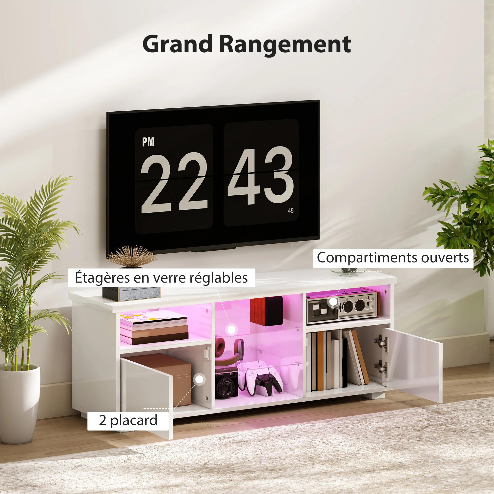 Meuble TV 120 cm, meuble télé pour téléviseur jusqu'à 55 pouces avec éclairage LED et télécommande, étagères en verre réglables, compartiments ouverts et passe-câbles, banc TV pour salon blanc - Image 7