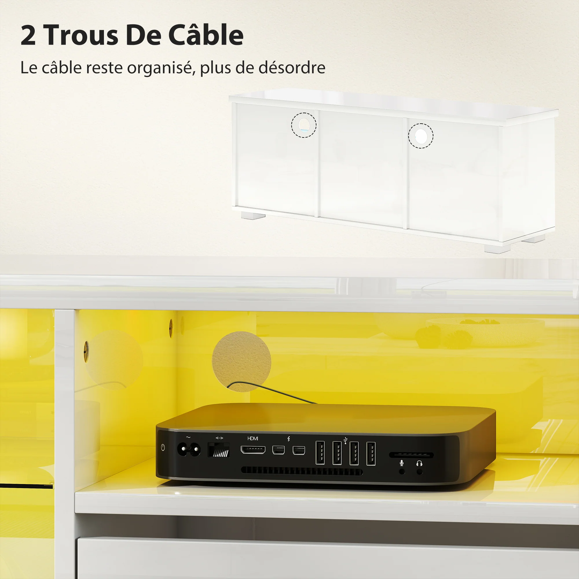 Meuble TV 120 cm, meuble télé pour téléviseur jusqu'à 55 pouces avec éclairage LED et télécommande, étagères en verre réglables, compartiments ouverts et passe-câbles, banc TV pour salon blanc - Image 8