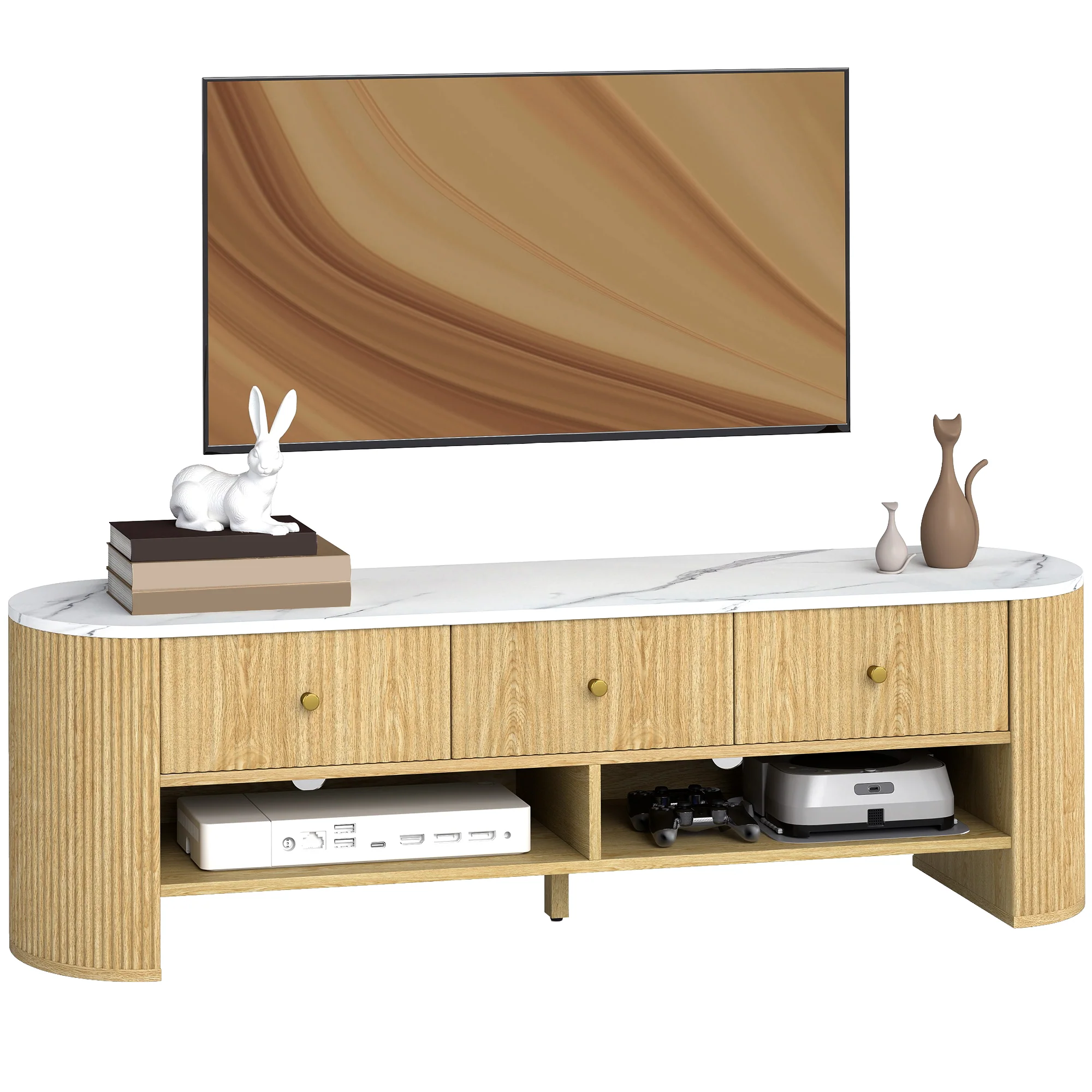 Meuble TV 140 cm, meuble télé pour téléviseur 32-65 pouces effet marbre avec 3 tiroirs fa?ades à cannelures, 2 étagères ouvertes et 2 trous pour cables, banc TV moderne, effet bois naturel - Image 11