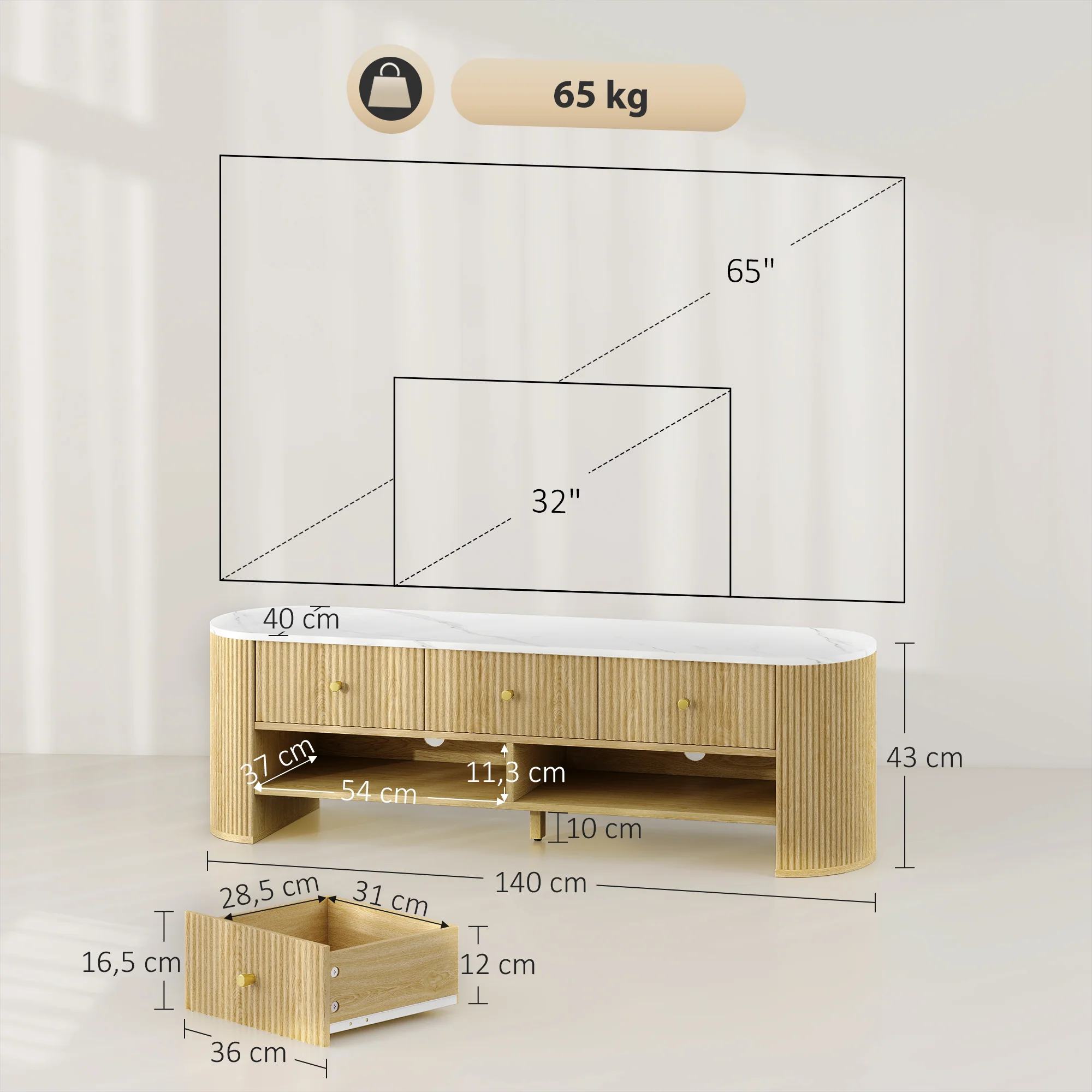 Meuble TV 140 cm, meuble télé pour téléviseur 32-65 pouces effet marbre avec 3 tiroirs fa?ades à cannelures, 2 étagères ouvertes et 2 trous pour cables, banc TV moderne, effet bois naturel - Image 4