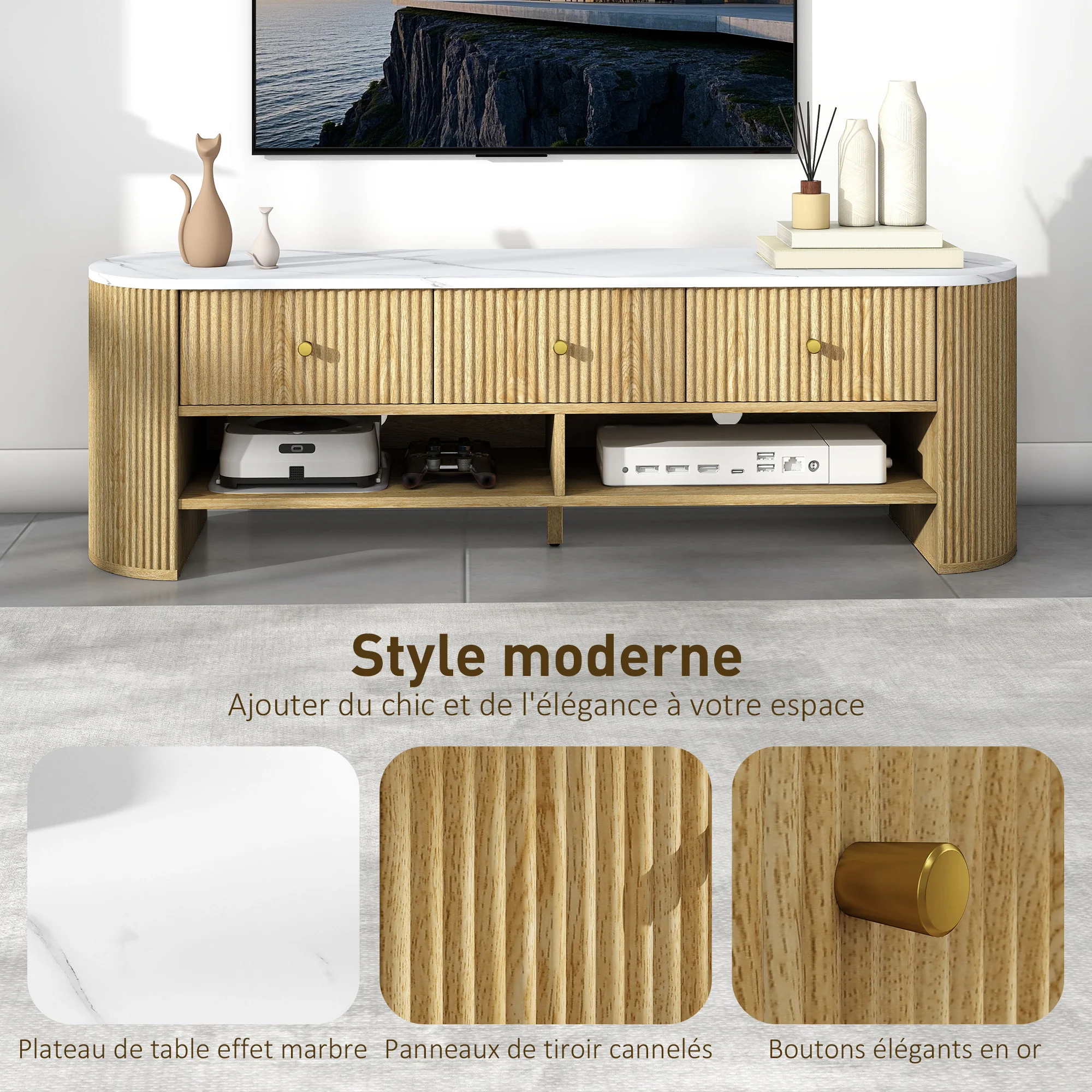 Meuble TV 140 cm, meuble télé pour téléviseur 32-65 pouces effet marbre avec 3 tiroirs fa?ades à cannelures, 2 étagères ouvertes et 2 trous pour cables, banc TV moderne, effet bois naturel - Image 5