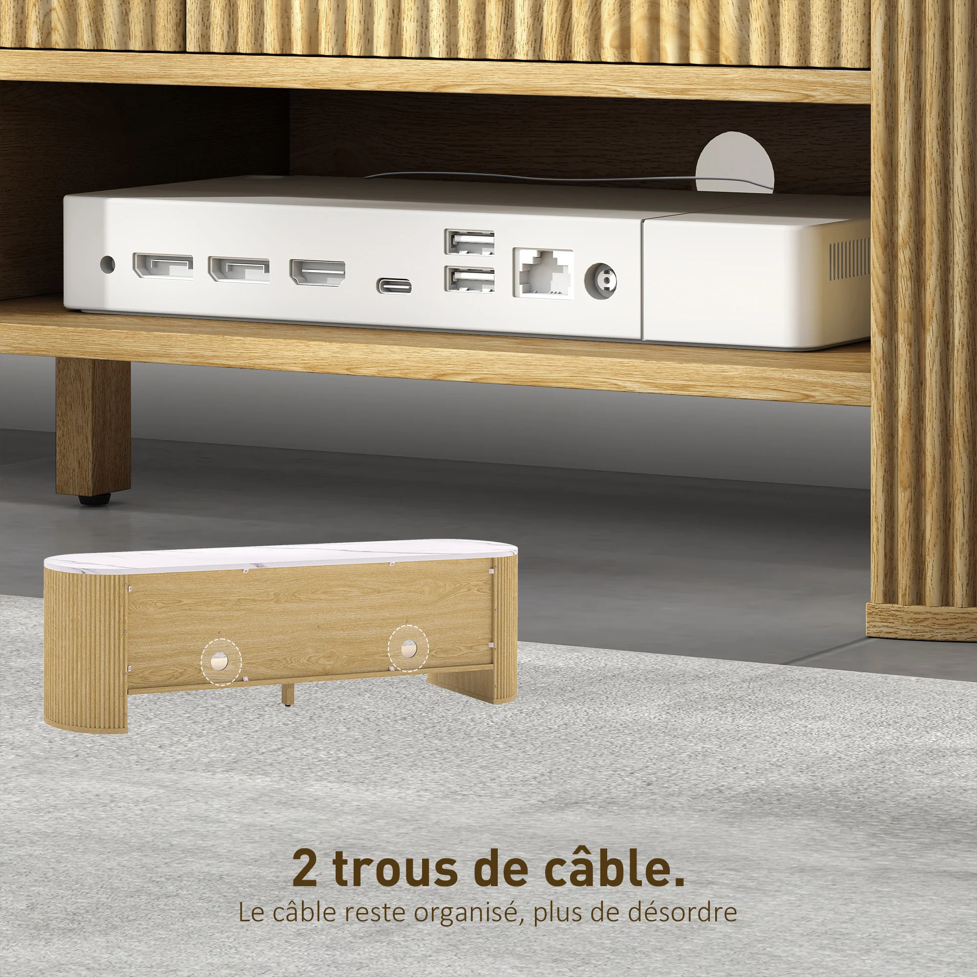 Meuble TV 140 cm, meuble télé pour téléviseur 32-65 pouces effet marbre avec 3 tiroirs fa?ades à cannelures, 2 étagères ouvertes et 2 trous pour cables, banc TV moderne, effet bois naturel - Image 7