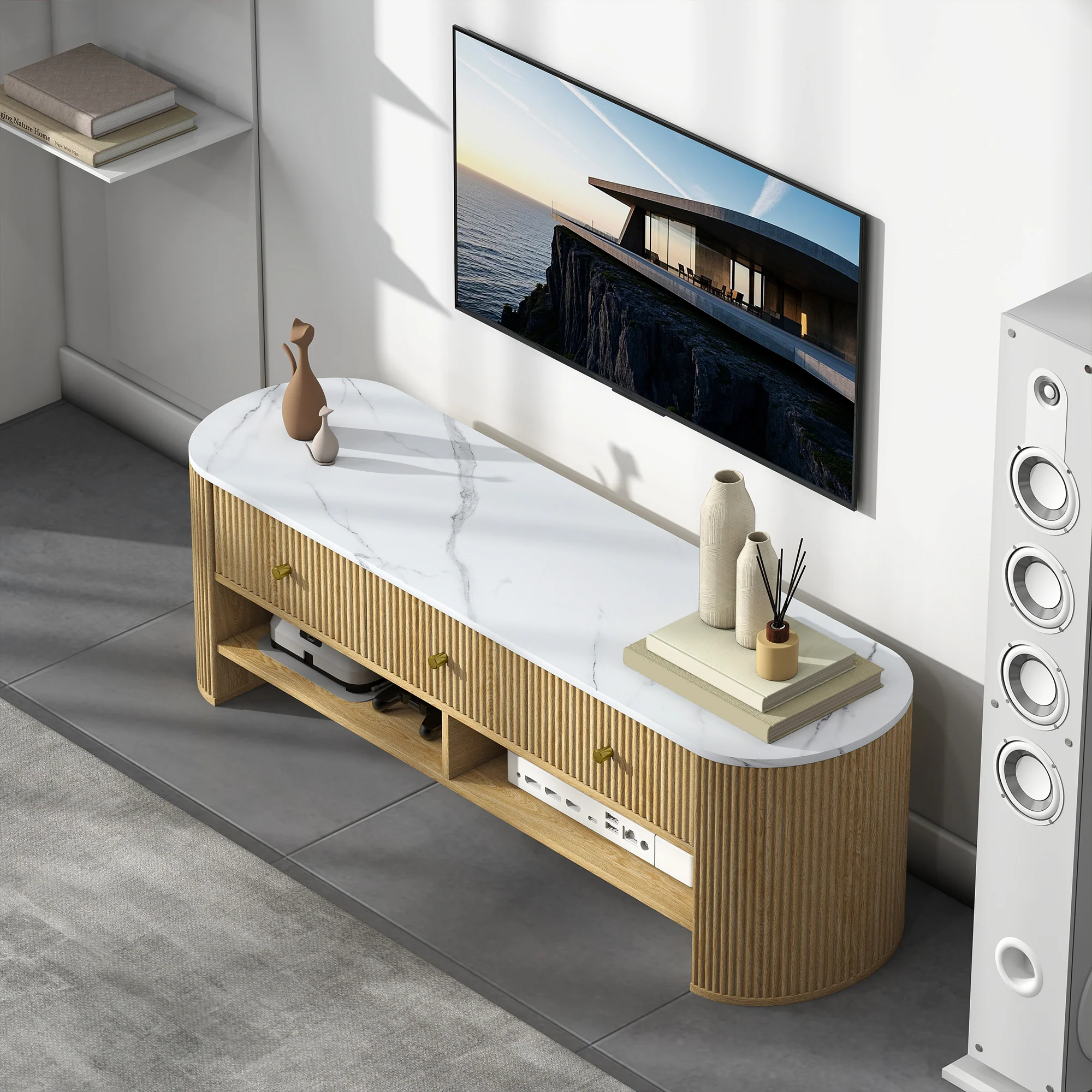Meuble TV 140 cm, meuble télé pour téléviseur 32-65 pouces effet marbre avec 3 tiroirs fa?ades à cannelures, 2 étagères ouvertes et 2 trous pour cables, banc TV moderne, effet bois naturel - Image 9
